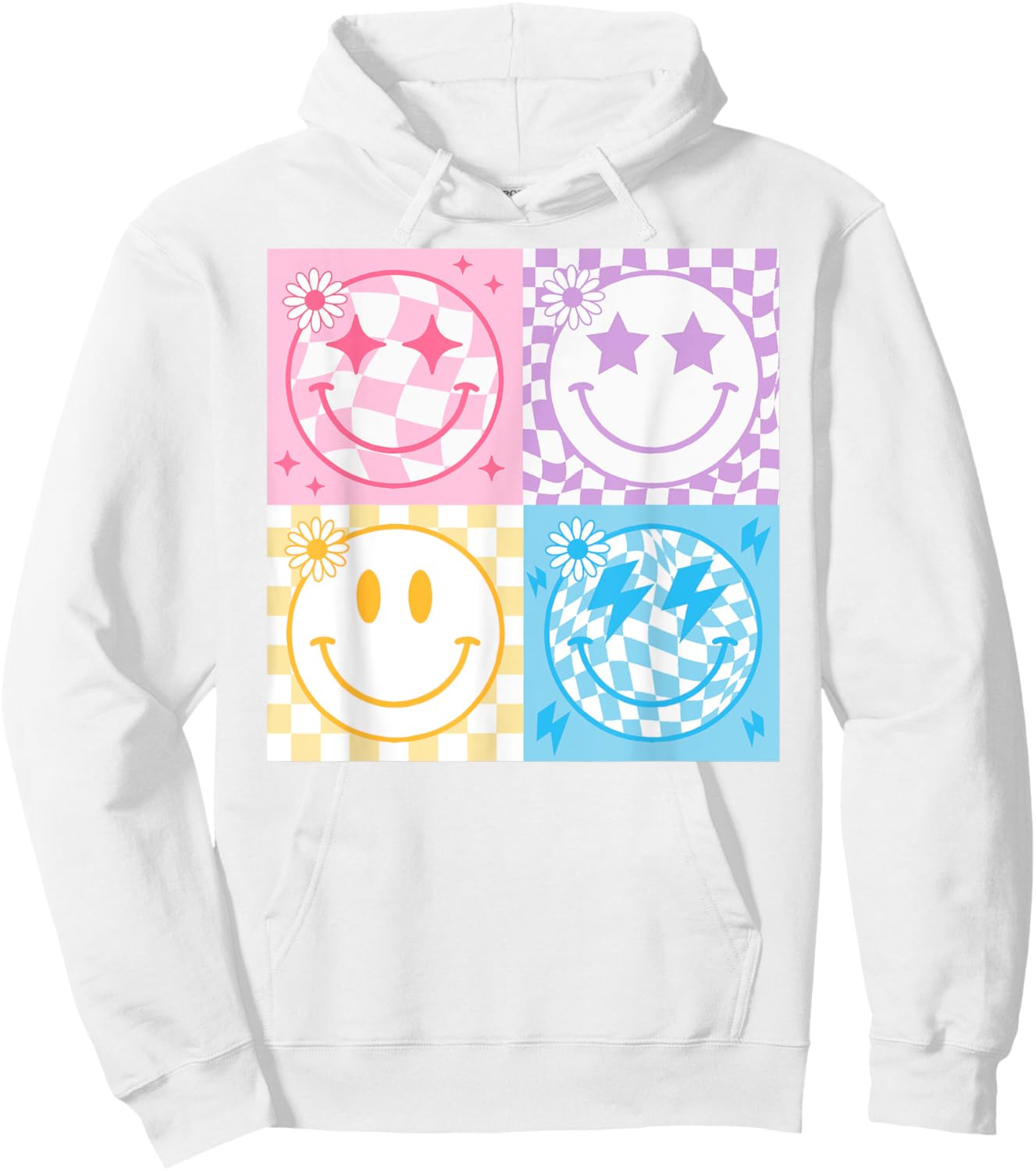 Happy Face Smile Checkered Pattern Retro Vibes Trendy Funny Hoodie - Hoodie | White