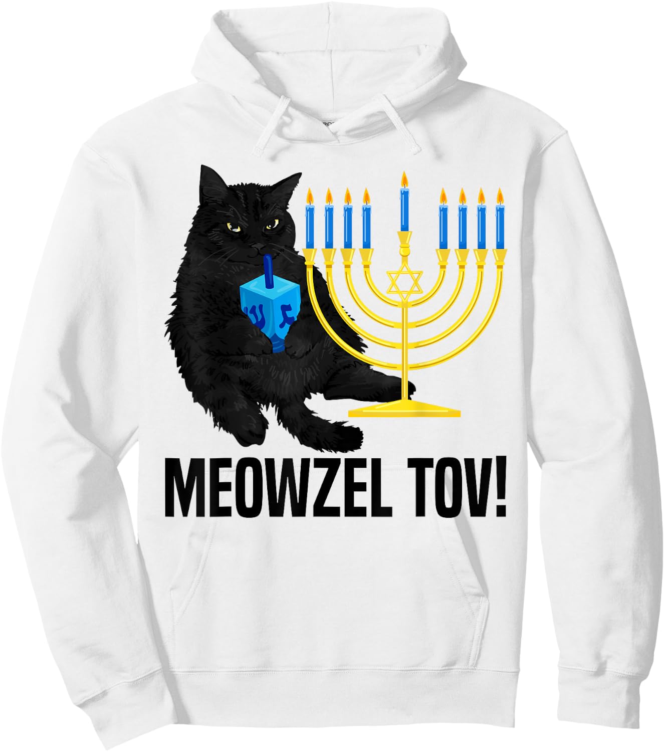Meowzel Tov Black Cat Menorah Dreidel Hanukkah Chanukah PJS Hoodie - Hoodie | White