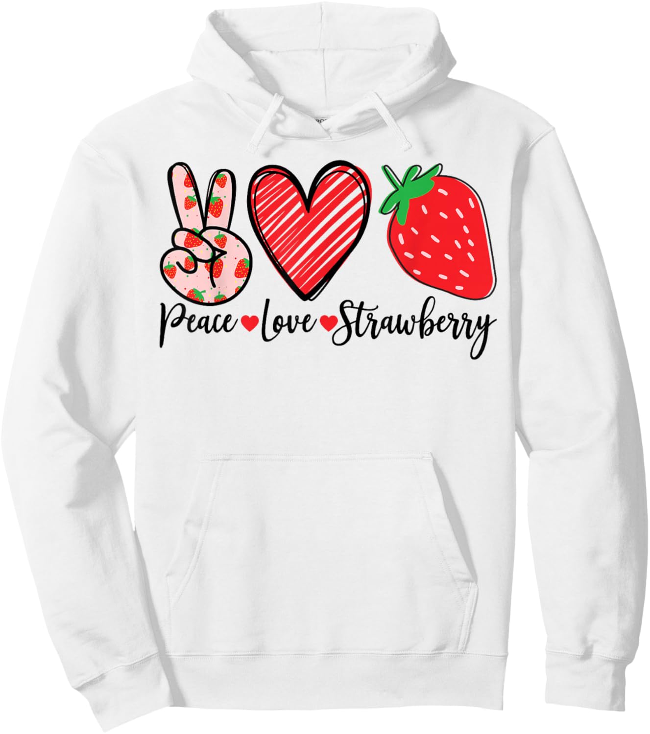 Peace Love Strawberry Graphic Fruit Design Hoodie - Hoodie | White