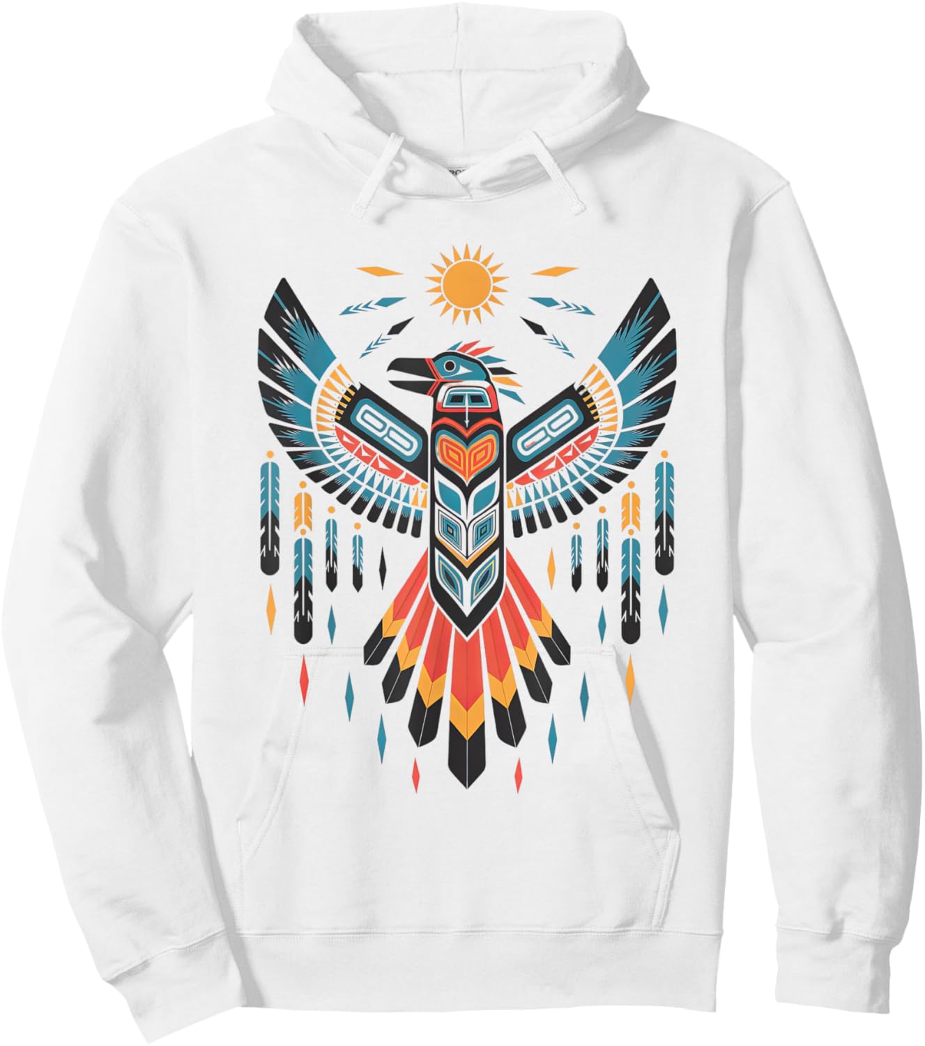 North American Tribal Thunderbird Vibrant Geometric Design Hoodie - Hoodie | White