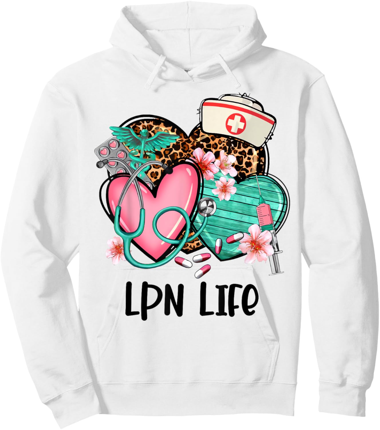 LPN Shirt Nurse Life Graphic Leopard Heart Hoodie - Hoodie | White