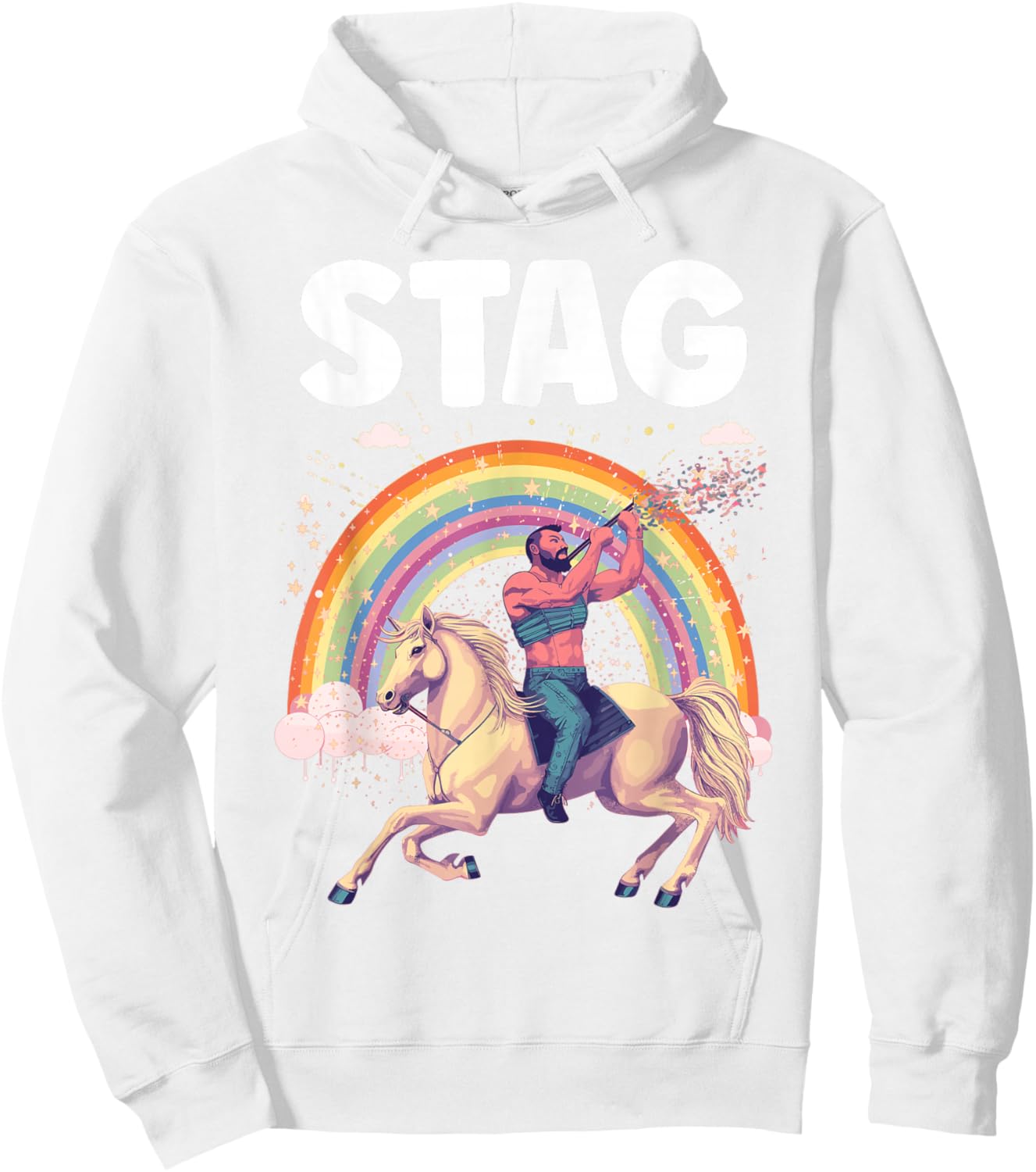 Funny Stag Do Pink Rainbow Man Riding A Horse Stag Costume Hoodie - Hoodie | White