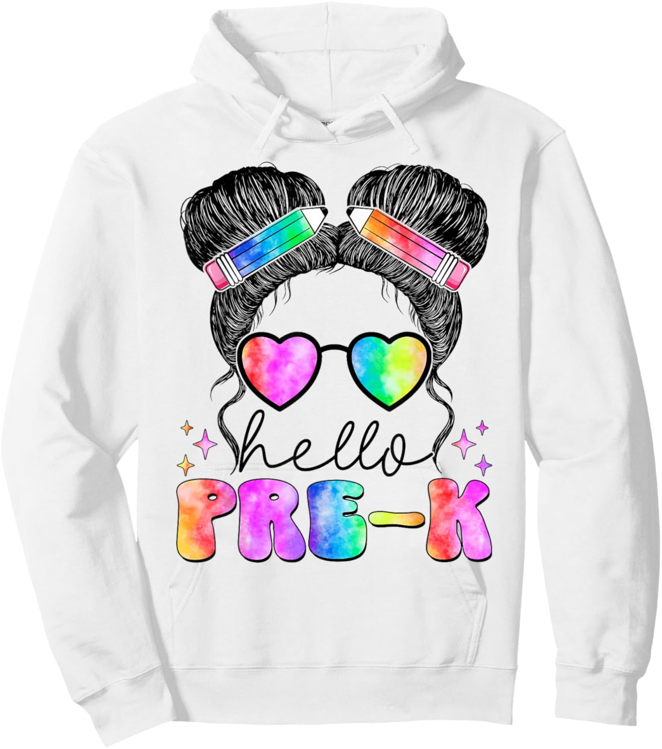 Messy Hair Bun Girl Back To School First Day Hello Pre K Hoodie - Hoodie | White