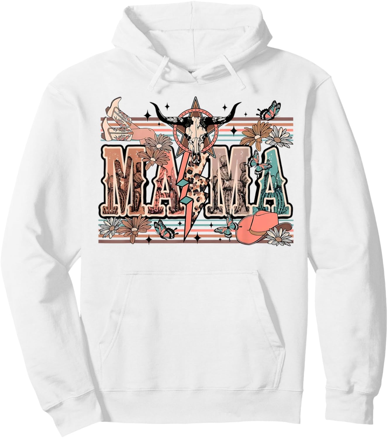Mama Western Country Cow Skull Cowhide Mom Hippies Mama Hoodie - Hoodie | White