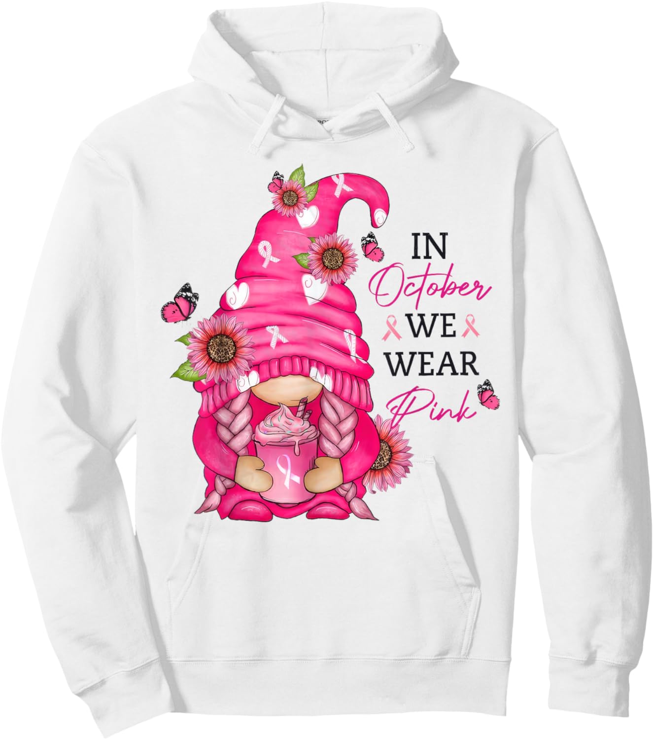 In October We Wear Pink Gnome Breast Cancer Hoodie - Hoodie | White