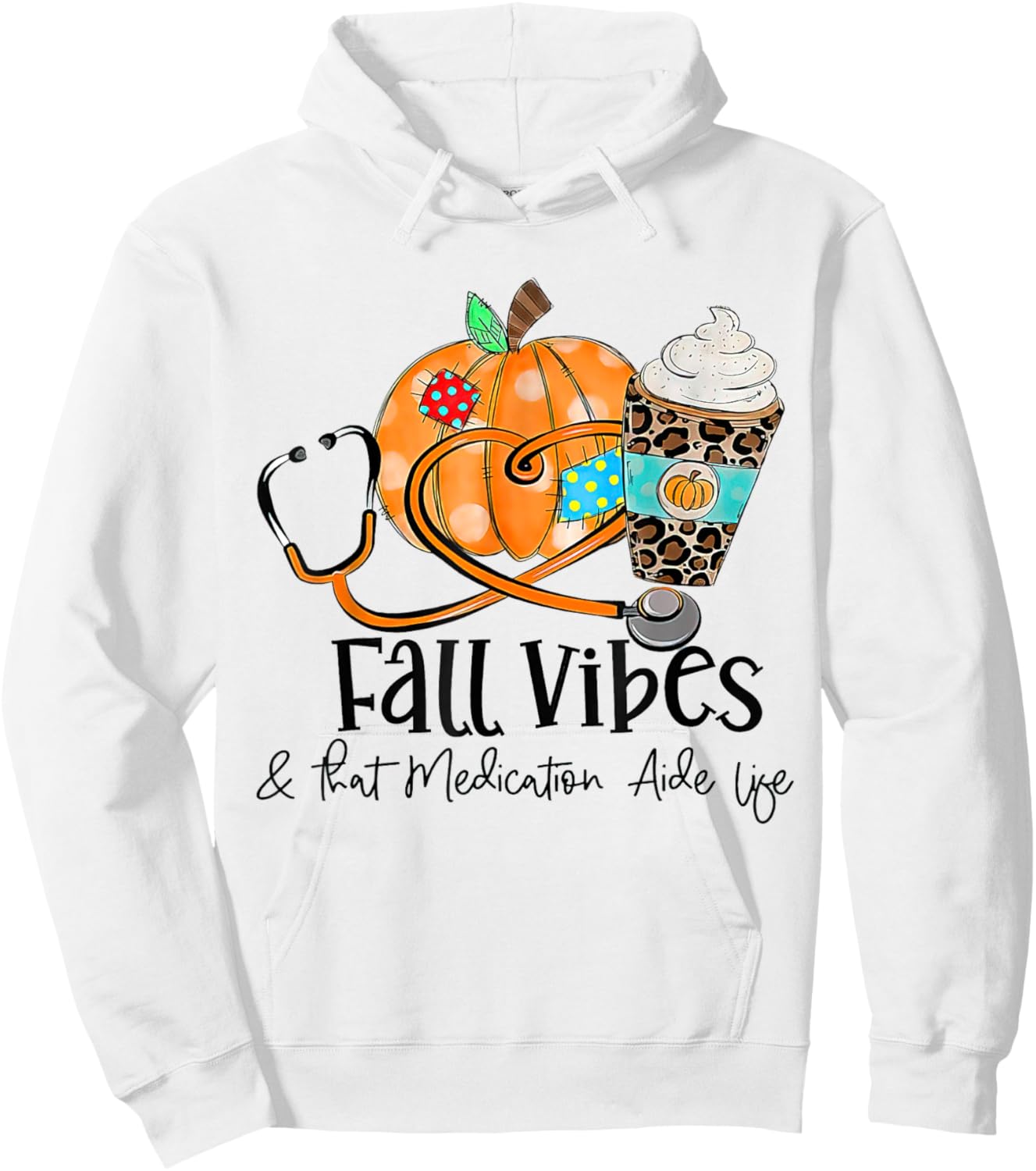 Fall Vibes And Medication Aide Life Pumpkin Leopard Hoodie - Hoodie | White
