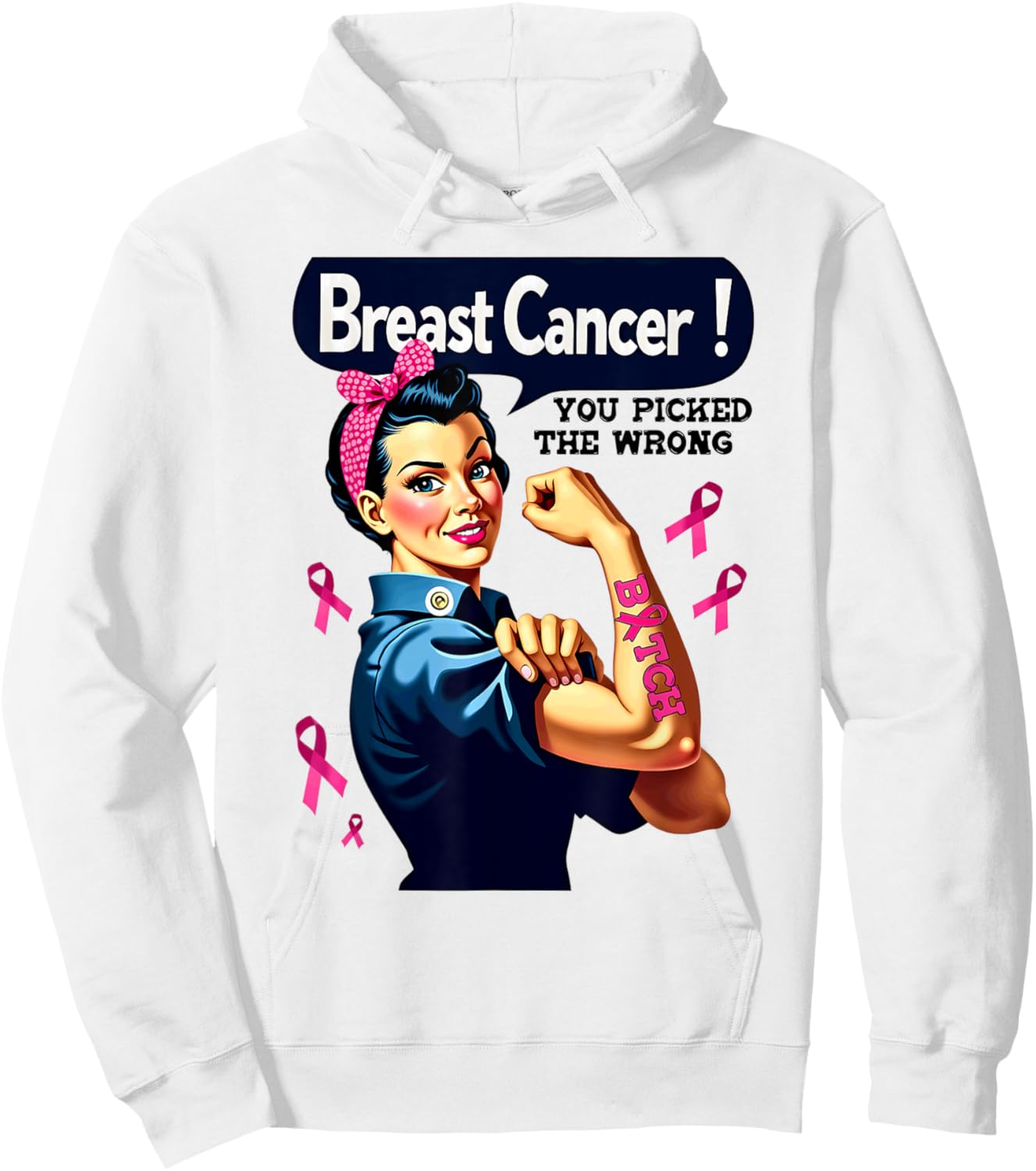 Breast Cancer You Picked The Wrong Bitch Messy Bun Girl Hoodie - Hoodie | White