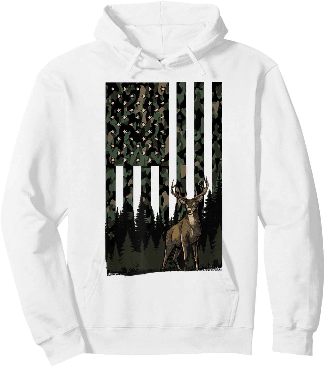 Camo Deer American Flag Patriotic Hunting Graphic USA Flag Hoodie - Hoodie | White