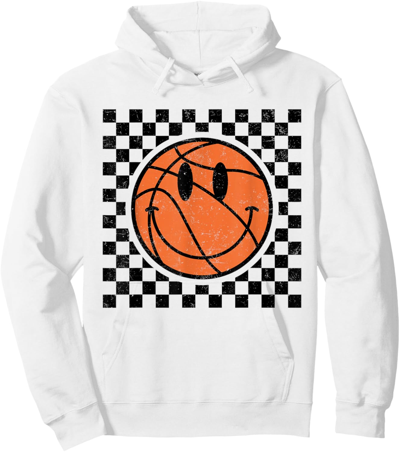 Game Day Basketball Smile Face Checkered Retro Vintage Style Hoodie - Hoodie | White