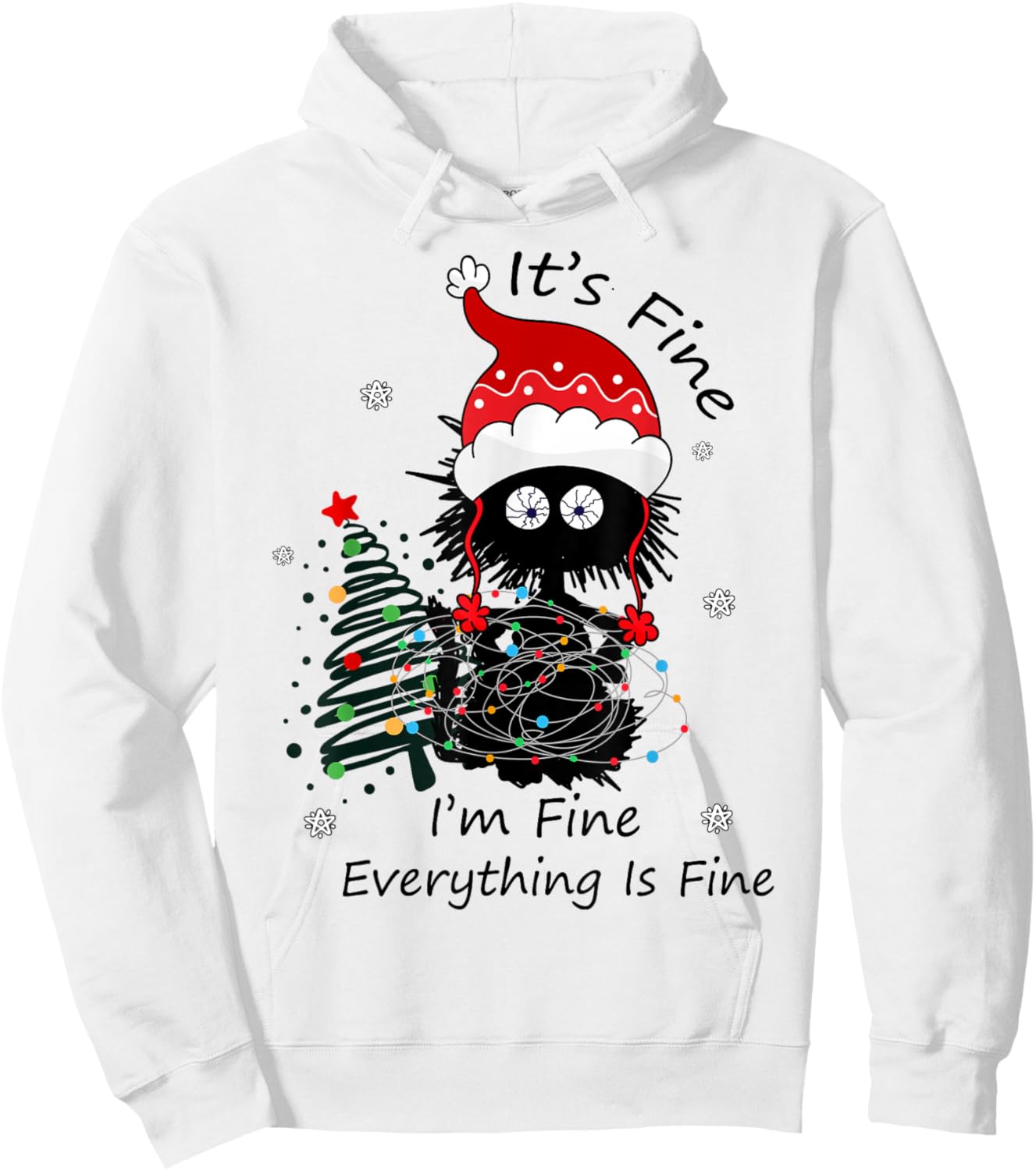 Santa Black Cat Tangled in Christmas Lights Hoodie - Hoodie | White
