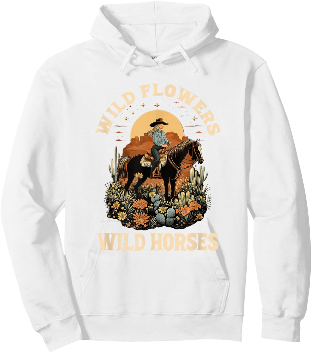 Western Sunset Cowgirl Riding Horse Wild Flowers Wild Horses Hoodie - Hoodie | White