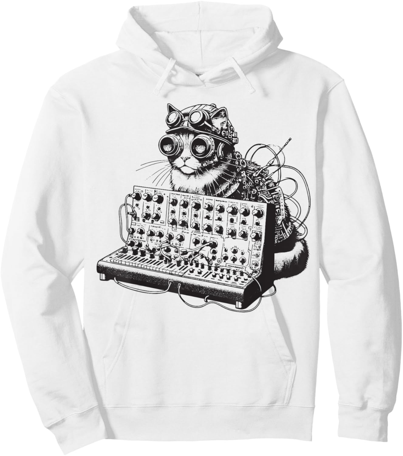 Steampunk Cat playing Synthesizer Synth Kitten Techno Music Men Women Hoodie - Hoodie | White
