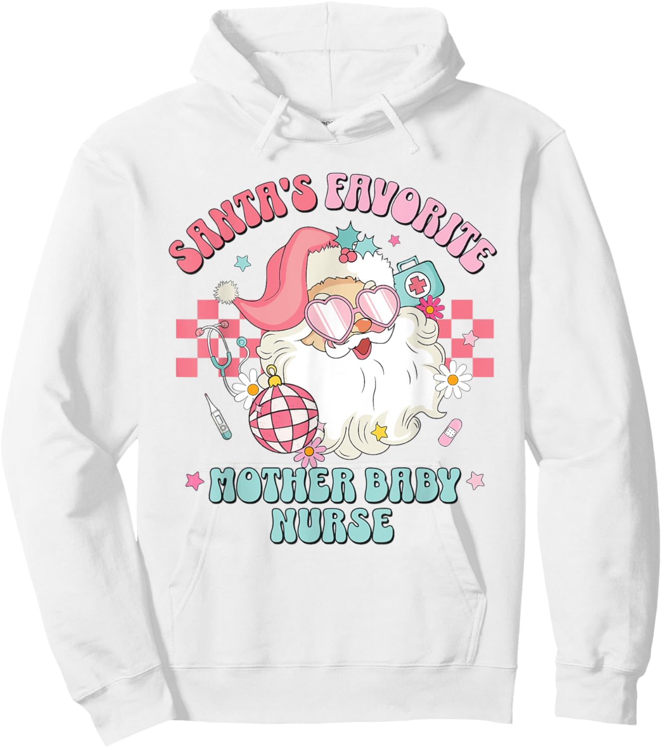 Retro Pink Christmas Santa's Favorite Mother Baby Nurse L&D Hoodie - Hoodie | White