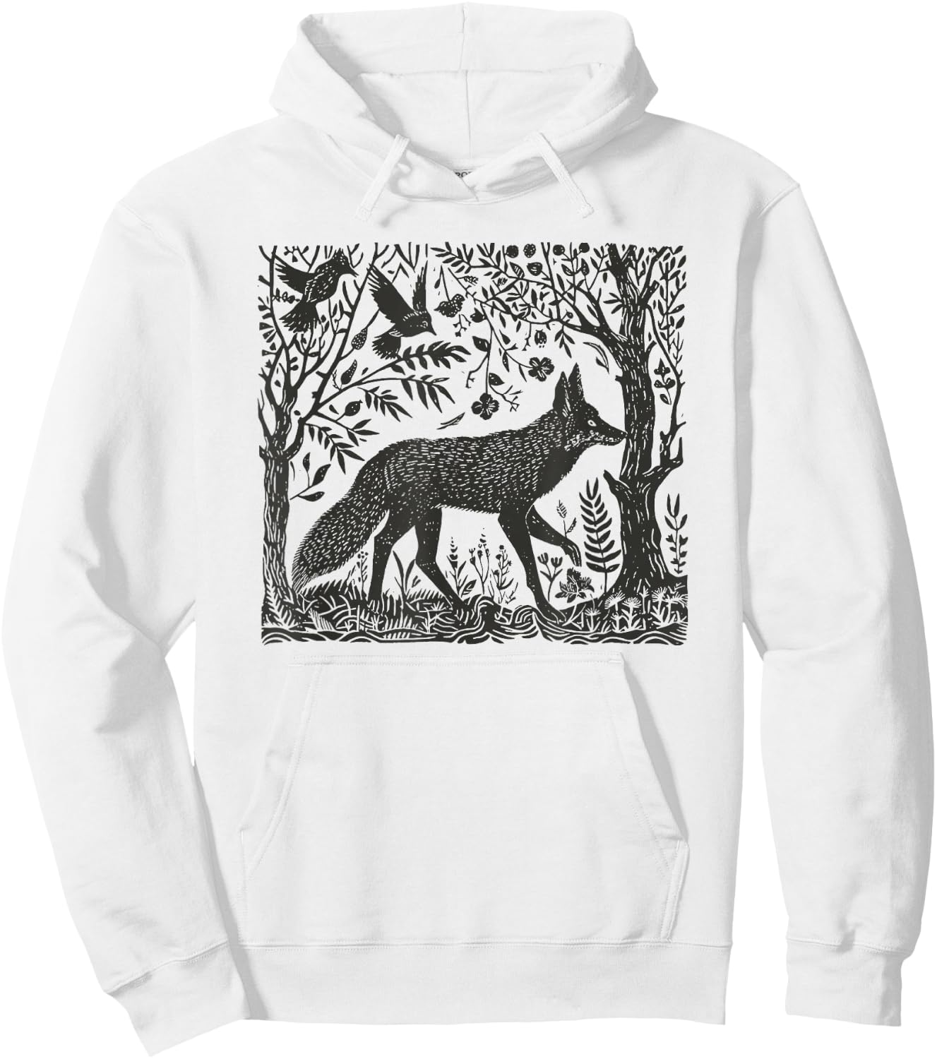 Folklore Forest Fox Lino Print Hoodie - Hoodie | White