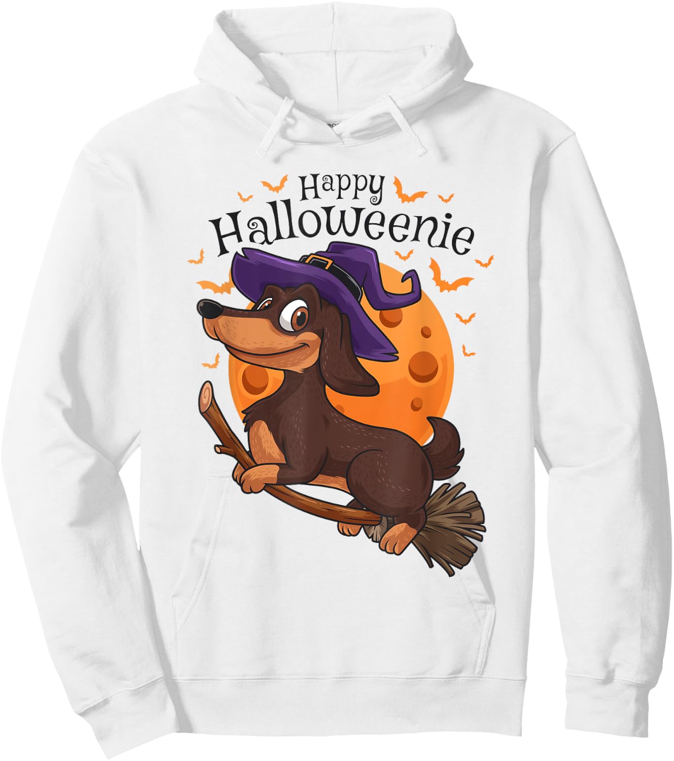 Happy Halloweenie Dachshund Viennese Dog Halloween Witch Broom Hoodie - Hoodie | White