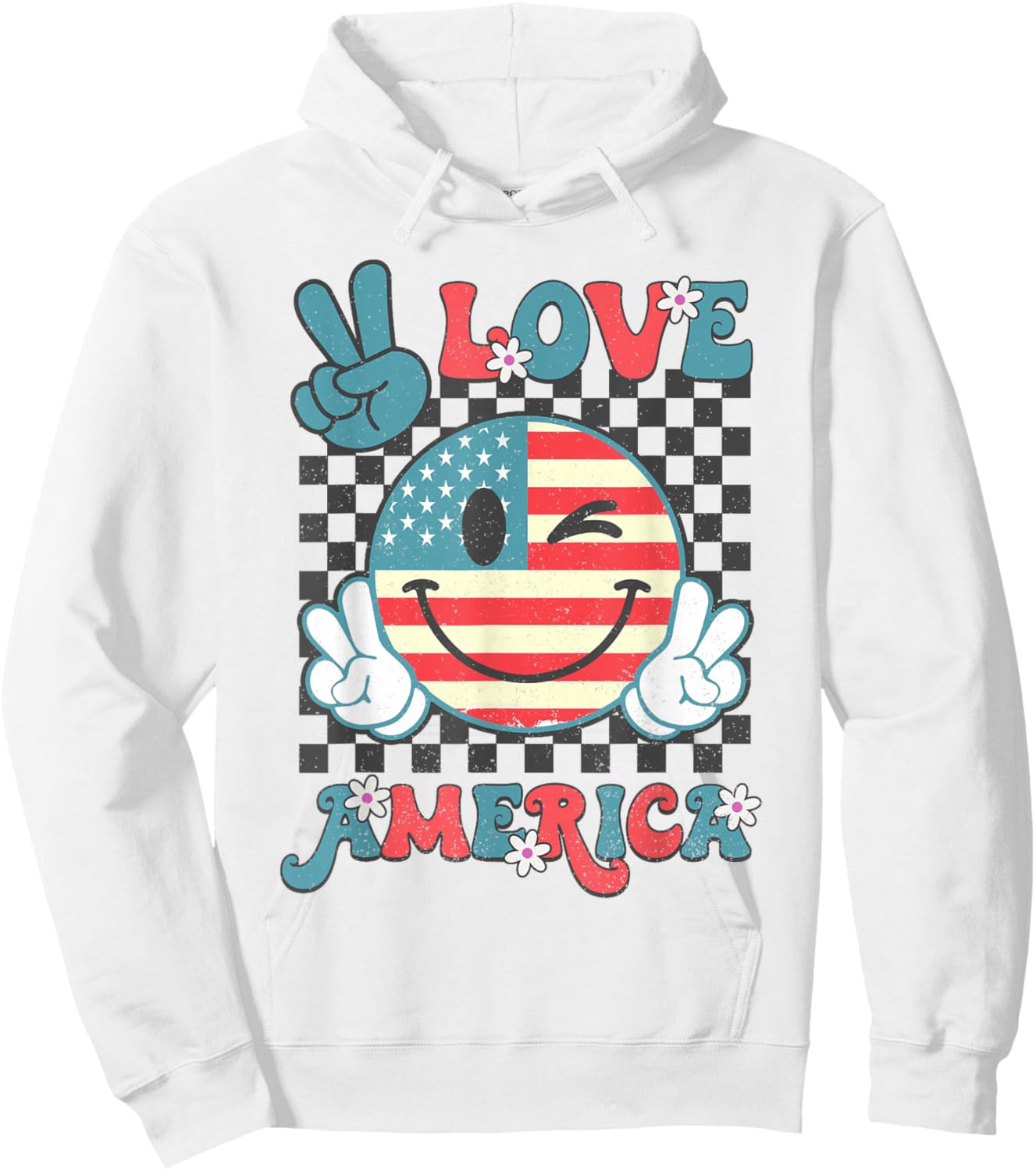Peace Love America Smile Face US Flag Fourth 4th Of July Hoodie - Hoodie | White