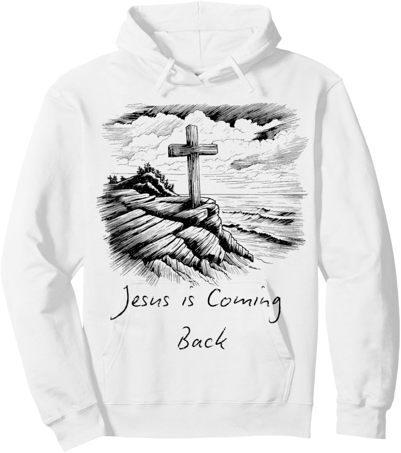 Jesus is coming Back sketch Drawing Cross Christian white Hoodie - Hoodie | White
