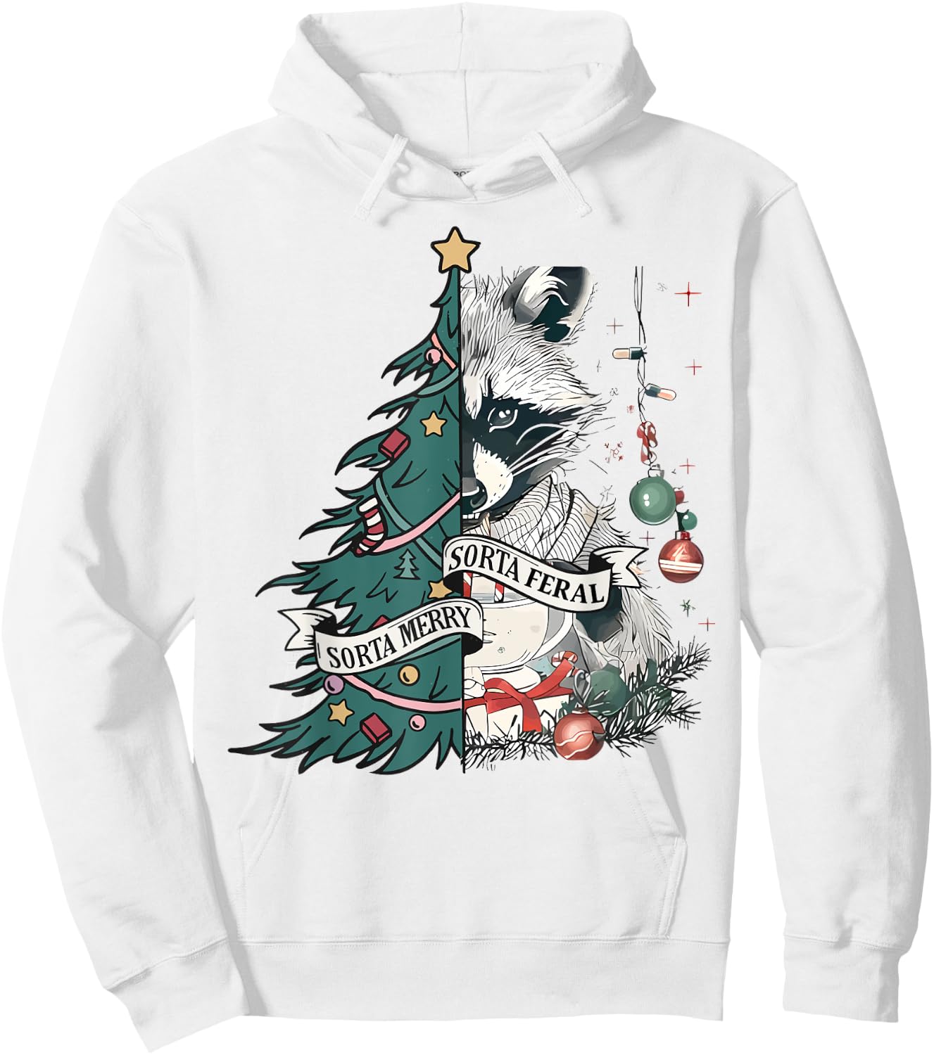 Funny Christmas Sorta Merry Sorta Feral Raccoon Xmas Tree Hoodie - Hoodie | White