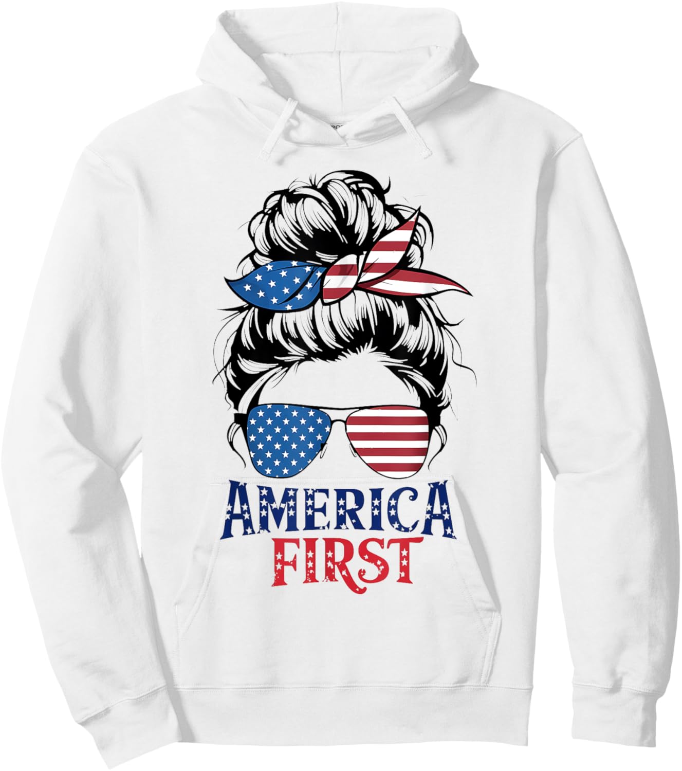 Messy Bunny Hair Girl America First Patriotic American USA Hoodie - Hoodie | White
