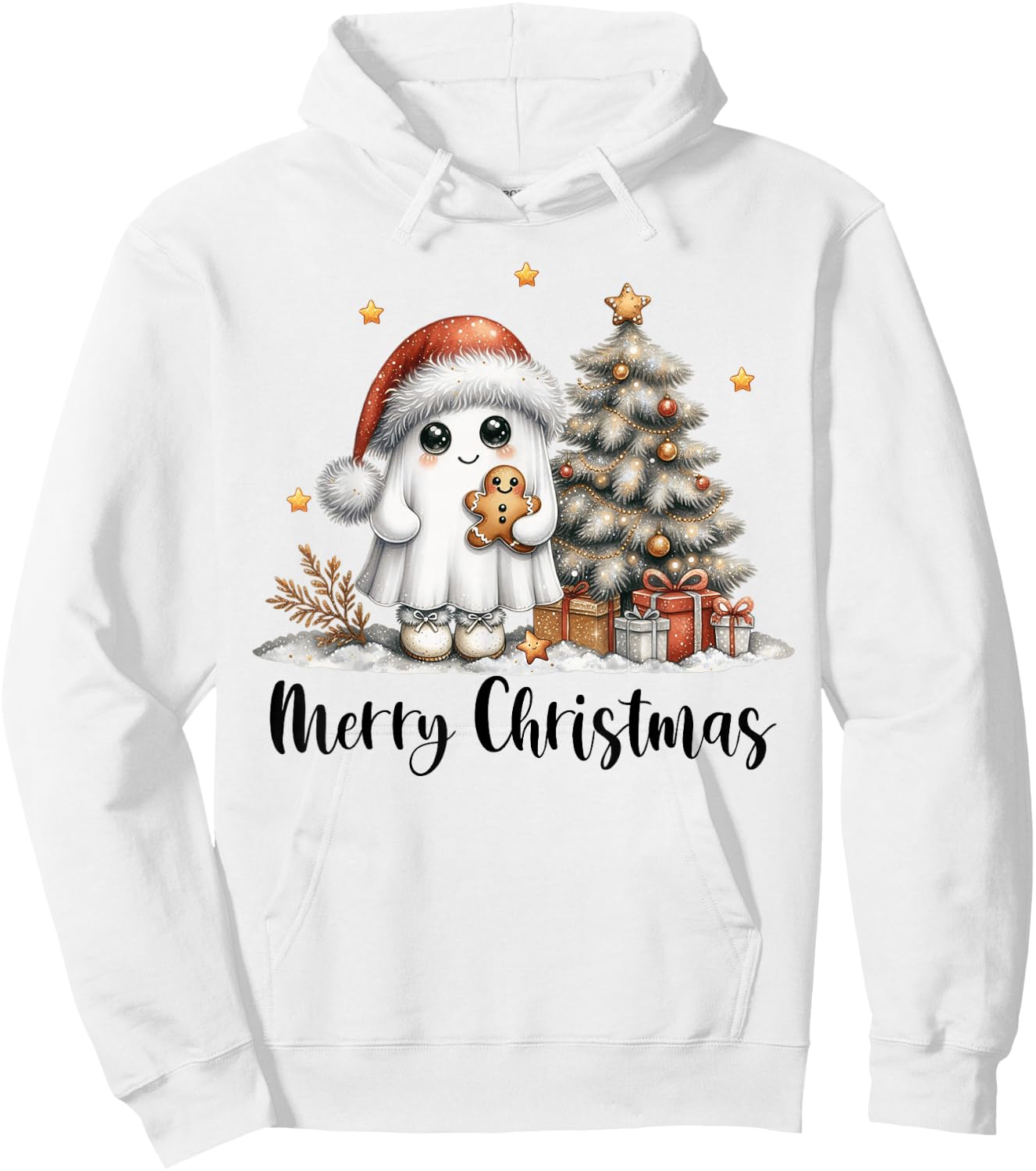 Merry Christmas Ghost With Santa Hat Xmas Tree Lights Men Hoodie - Hoodie | White