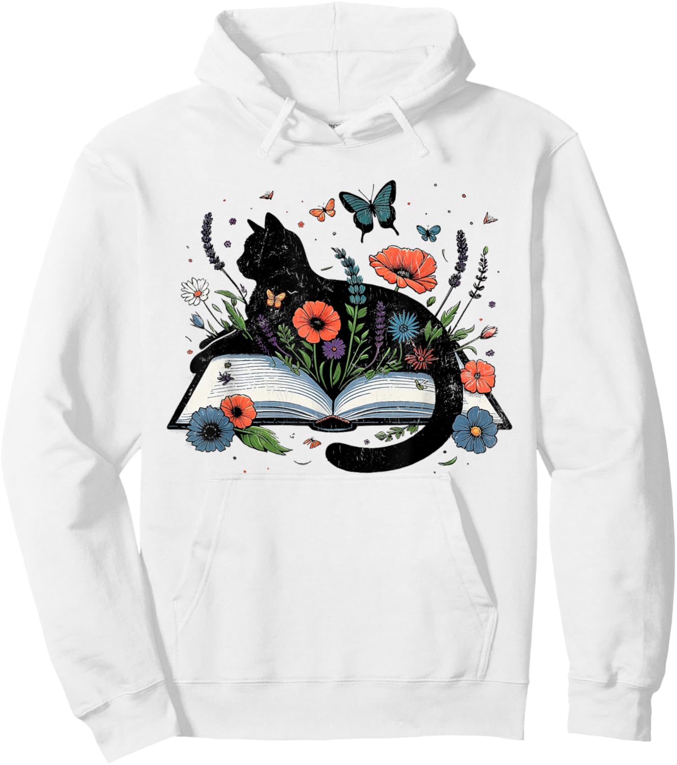 Retro Cute Cat Floral Book Librarian Vintage Floral Cat Book Hoodie - Hoodie | White