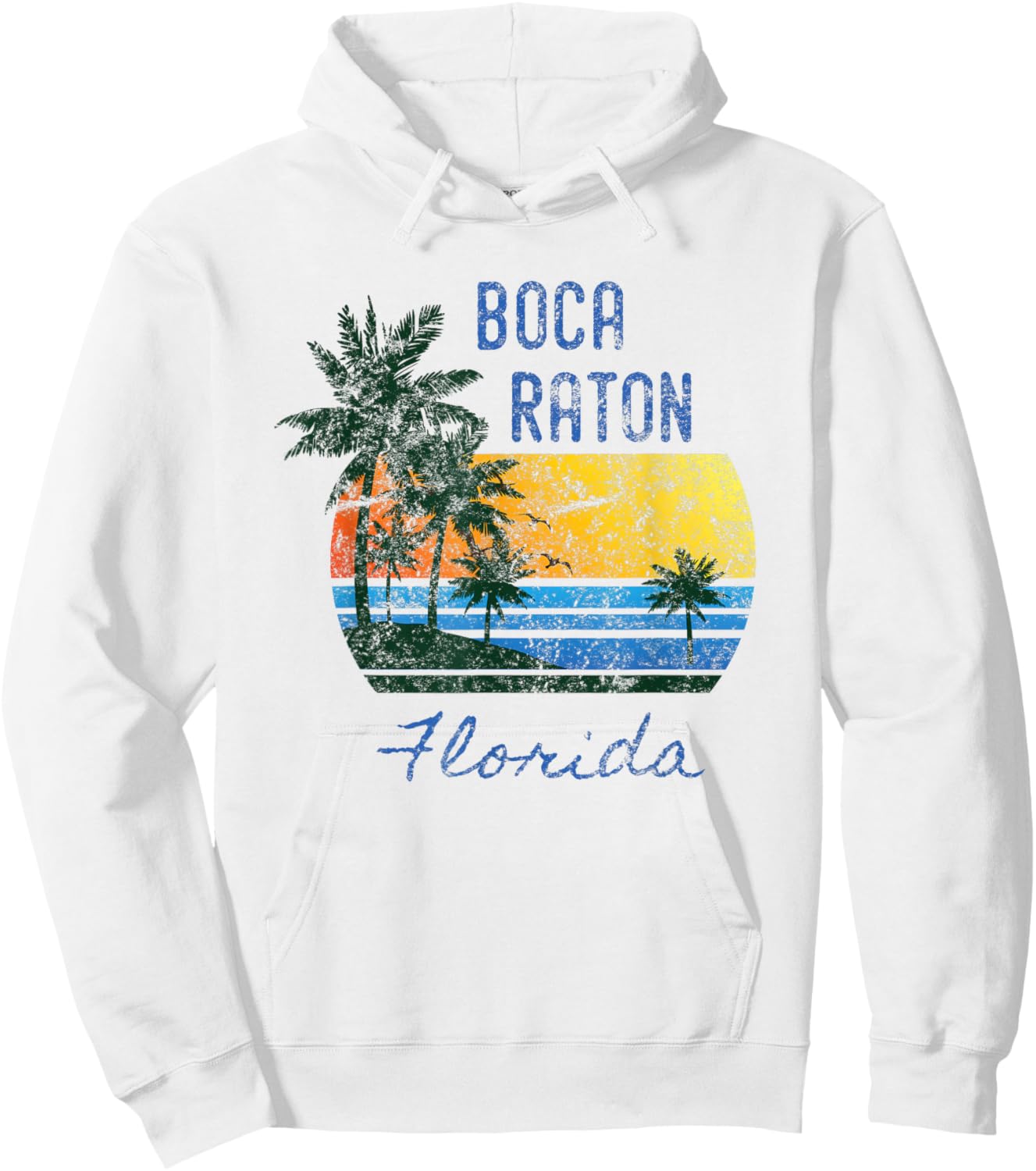 Retro Cool Boca Raton FL Distressed Palm Tree Sunset Novelty Hoodie - Hoodie | White
