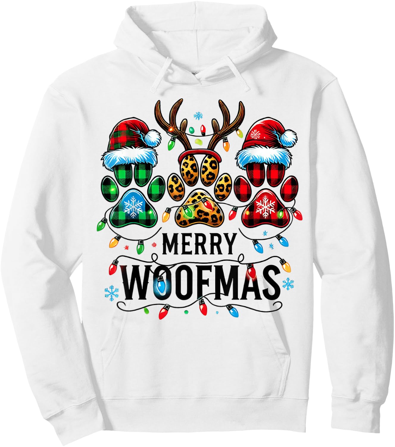 Merry Woofmas Christmas Dog Paws Lights Buffalo Plaid Women Hoodie - Hoodie | White