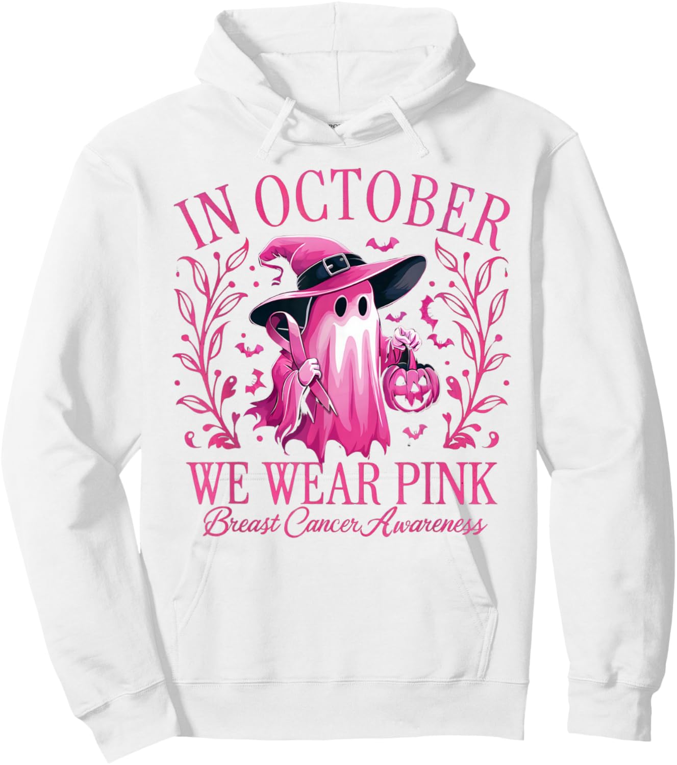 In October We Wear Pink Breast Cancer Awareness Halloween Hoodie - Hoodie | White