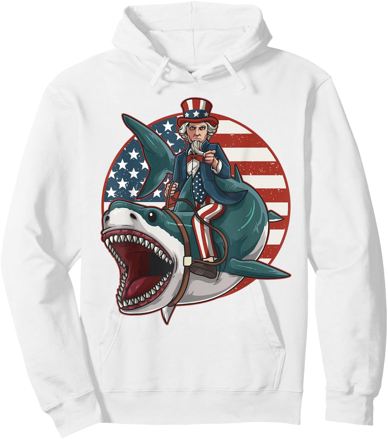 Uncle Sam Riding Great White Shark 4th of July Light Hoodie - Hoodie | White