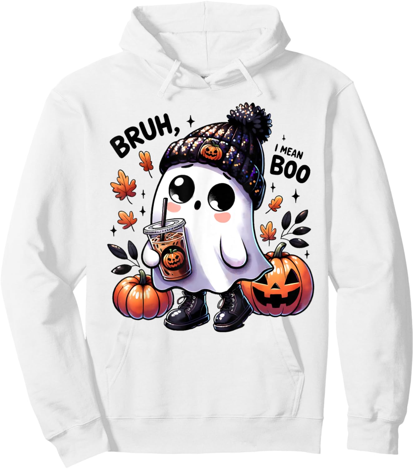 Bruh I Mean Boo Funny Ghost Jack O Lantern Coffee Halloween Hoodie - Hoodie | White