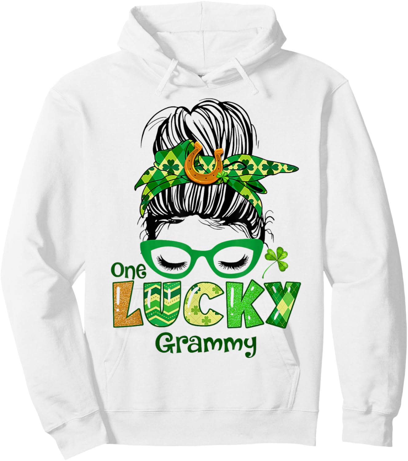 One Lucky Grammy Messy Bun Leopard St Patricks Day Shamrock Hoodie - Hoodie | White