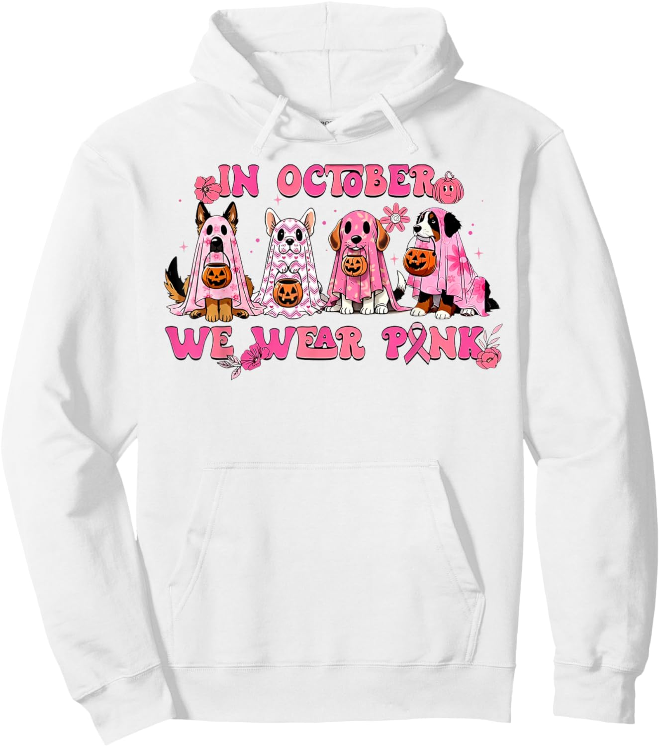 In October We Wear Pink Dog Ghost Breast Cancer Awareness Hoodie - Hoodie | White