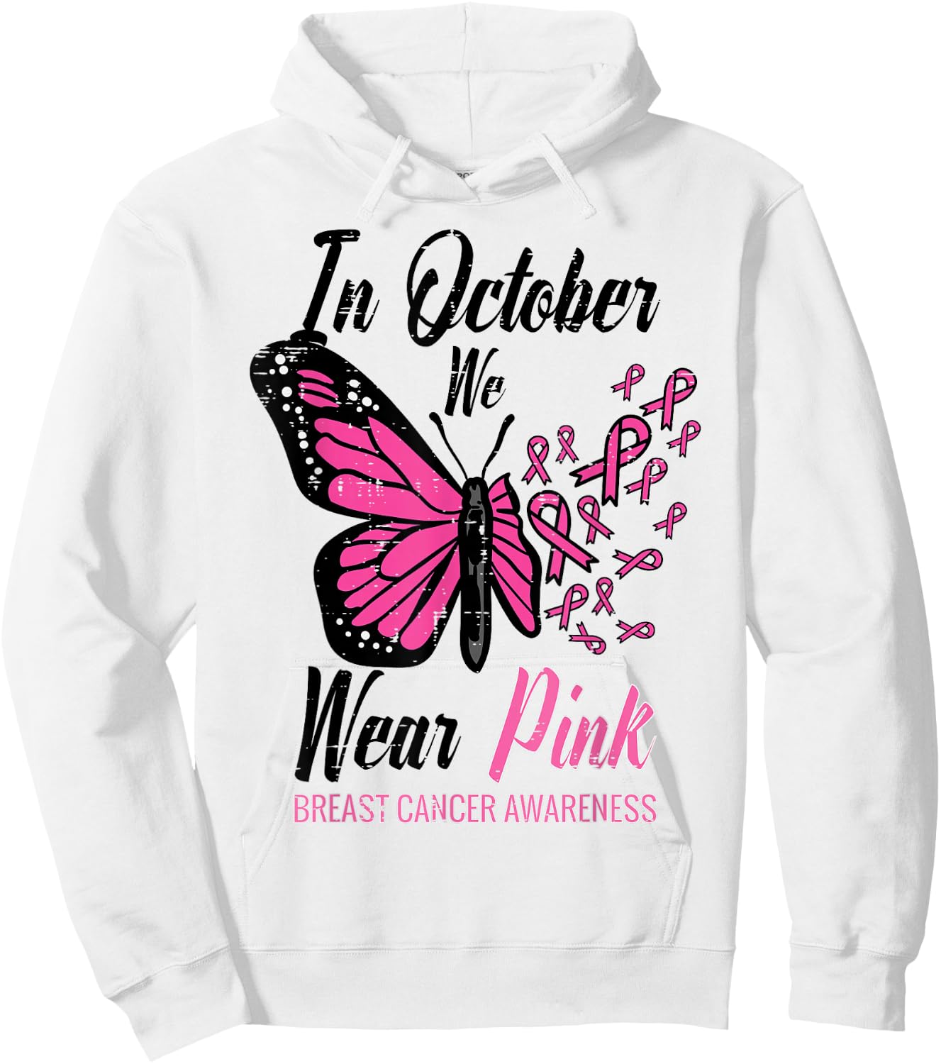 In October We Wear Pink Butterfly Breast Cancer Awareness Hoodie - Hoodie | White