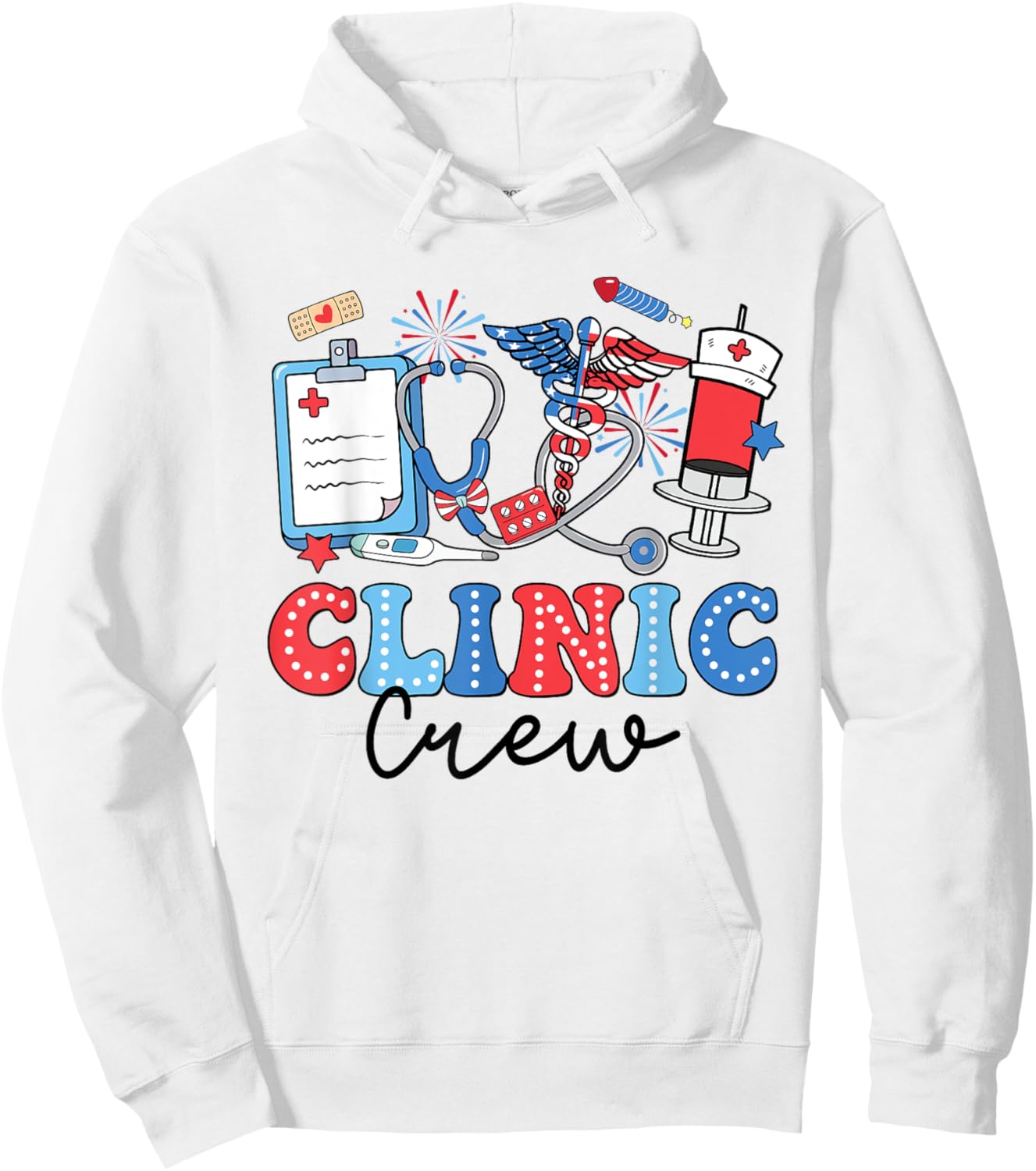Retro Clinic Crew American Flag Fireworks Nurse 4th Of July Hoodie - Hoodie | White