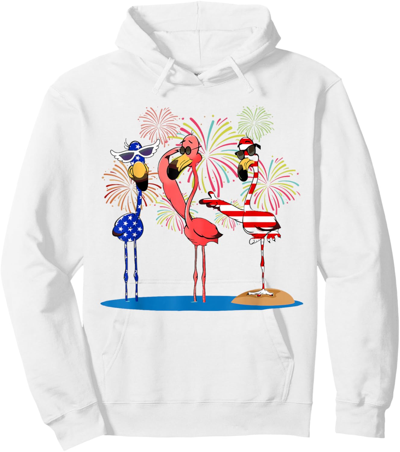 Flamingos And Fireworks Red White Blue 4th Of July American Hoodie - Hoodie | White