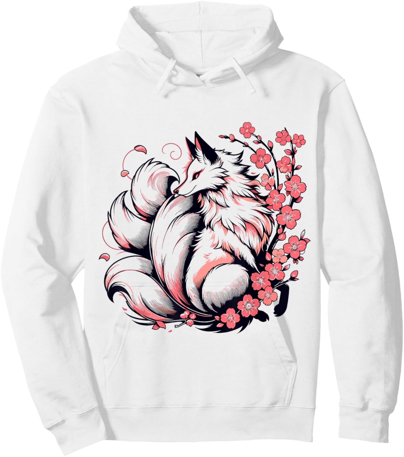Retro Japanese Kitsune Nine Tailed Fox Cherry Blossom Anime Hoodie - Hoodie | White