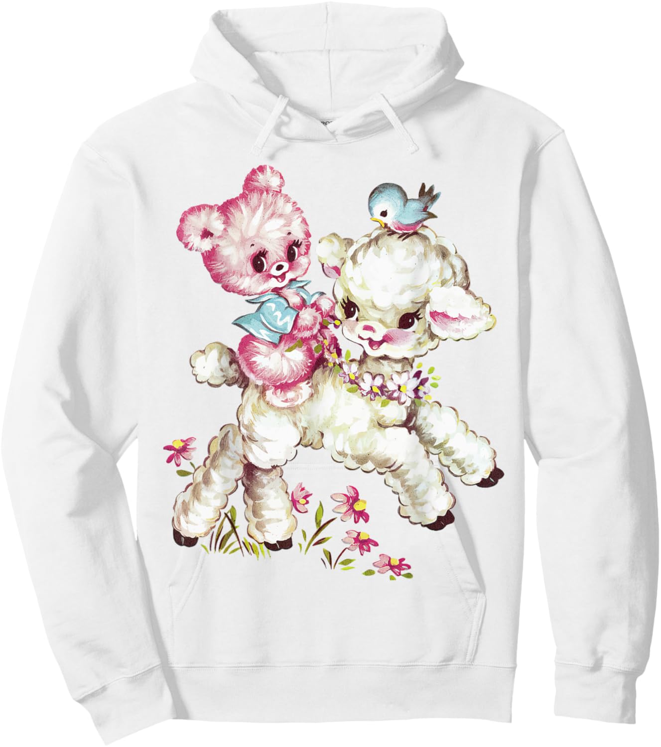 Vintage Easter Cute Lamb Bear Spring Flowers Retro Vintage Hoodie - Hoodie | White