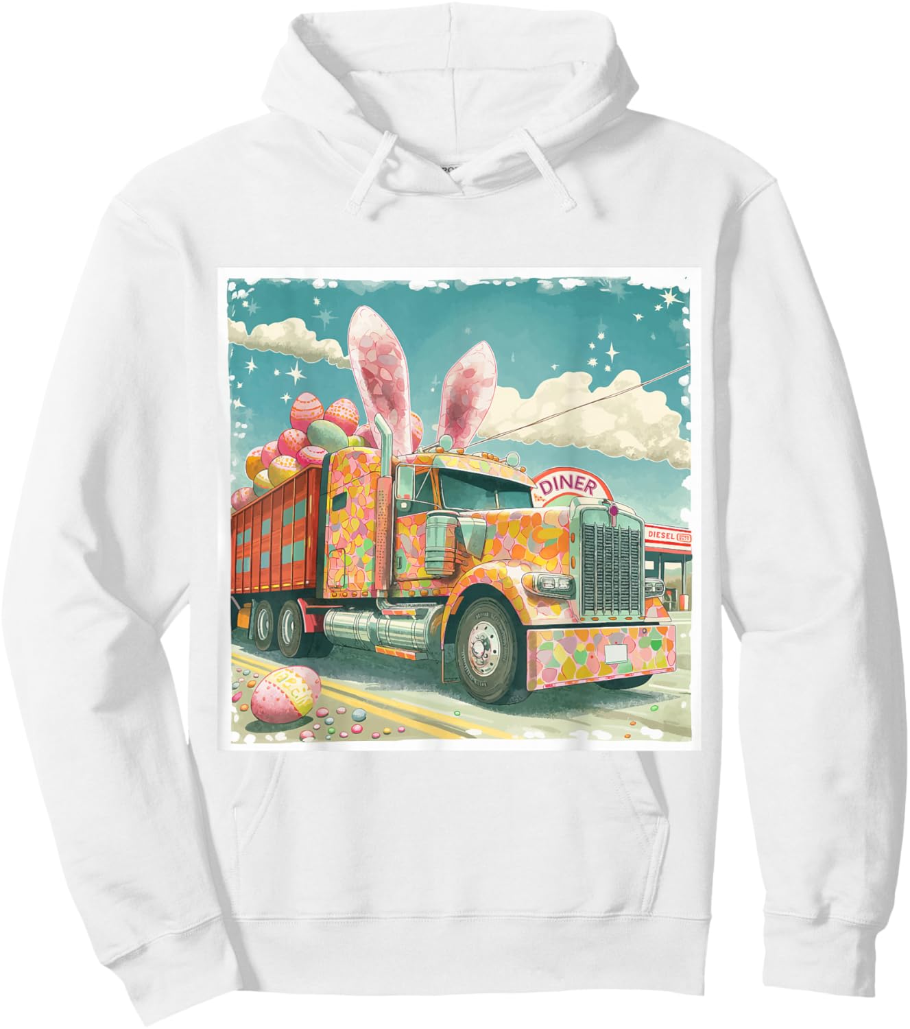 Semi Truck Lover's Easter Bunny, Retro Art Hoodie - Hoodie | White