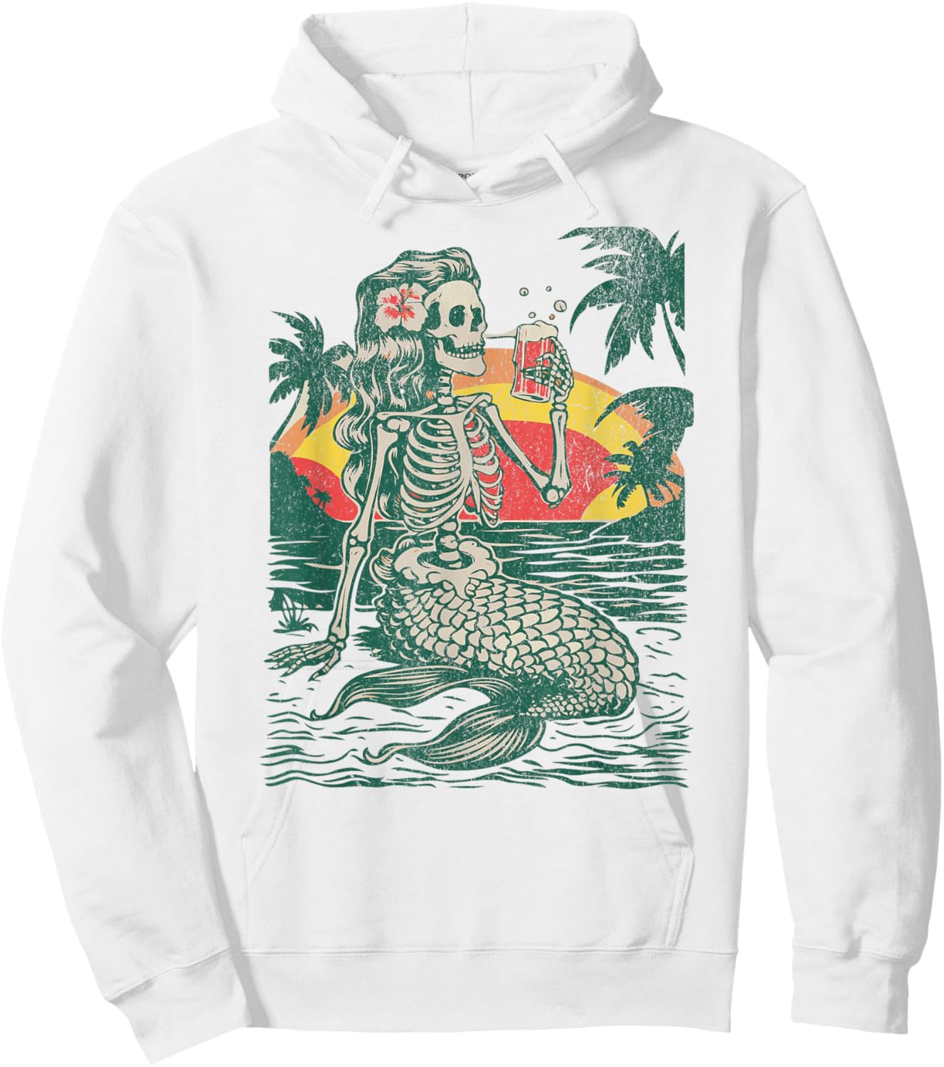 Skeleton Mermaid Drinking at Sunset Retro Hoodie - Hoodie | White