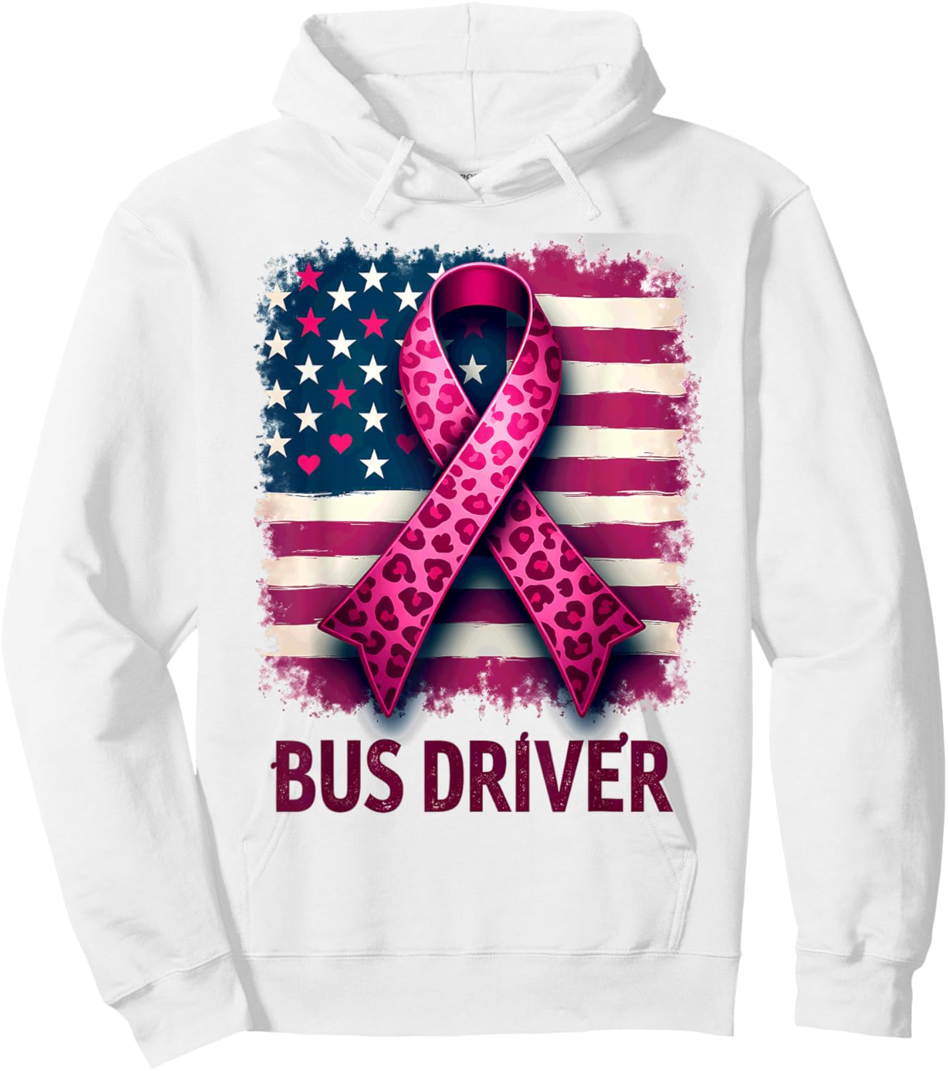 Bus Driver US Flag Pink Ribbon Breast Cancer Awareness Hoodie - Hoodie | White