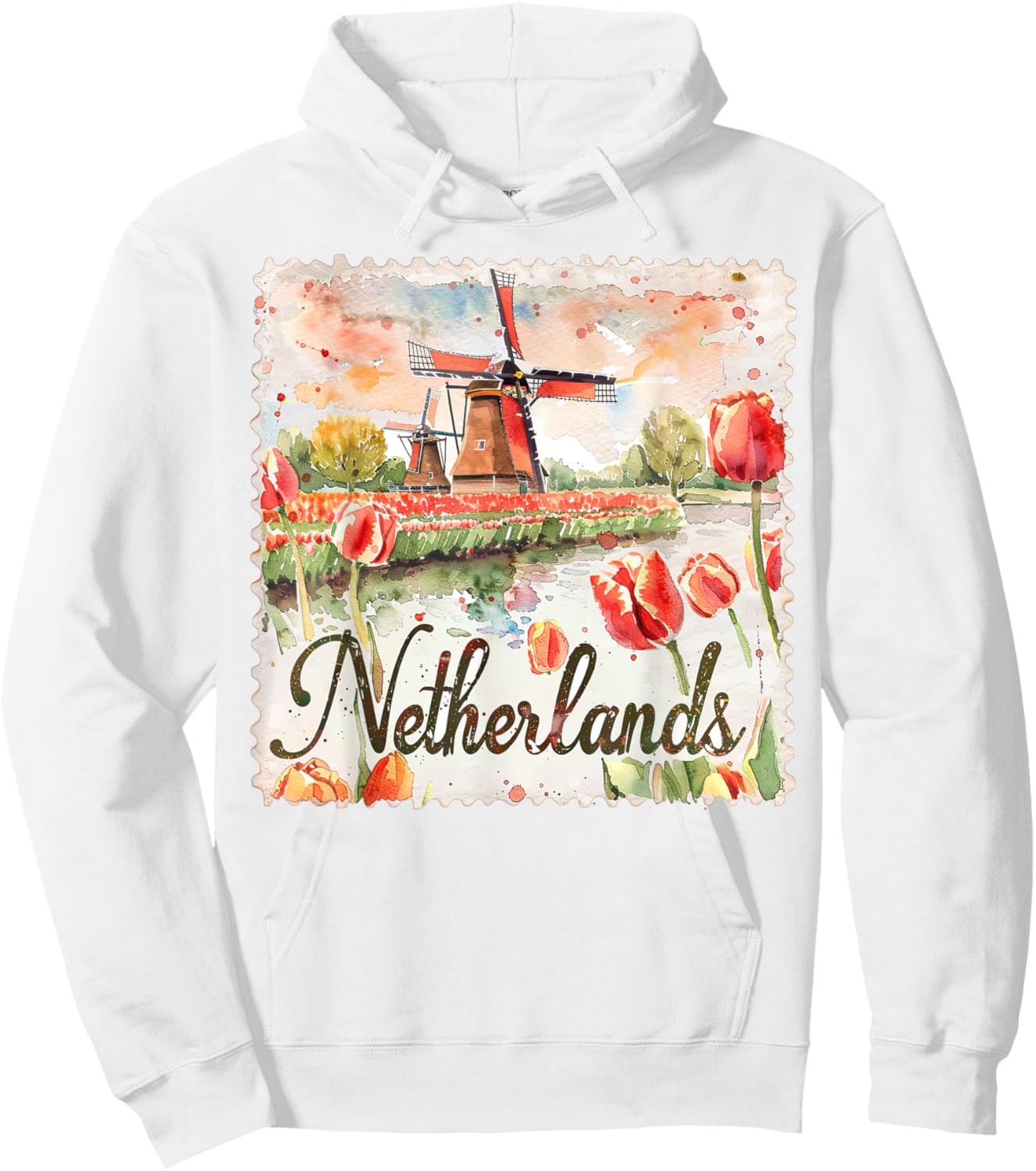 Netherlands Watercolor Windmill Tulips Travel Souvenir Hoodie - Hoodie | White