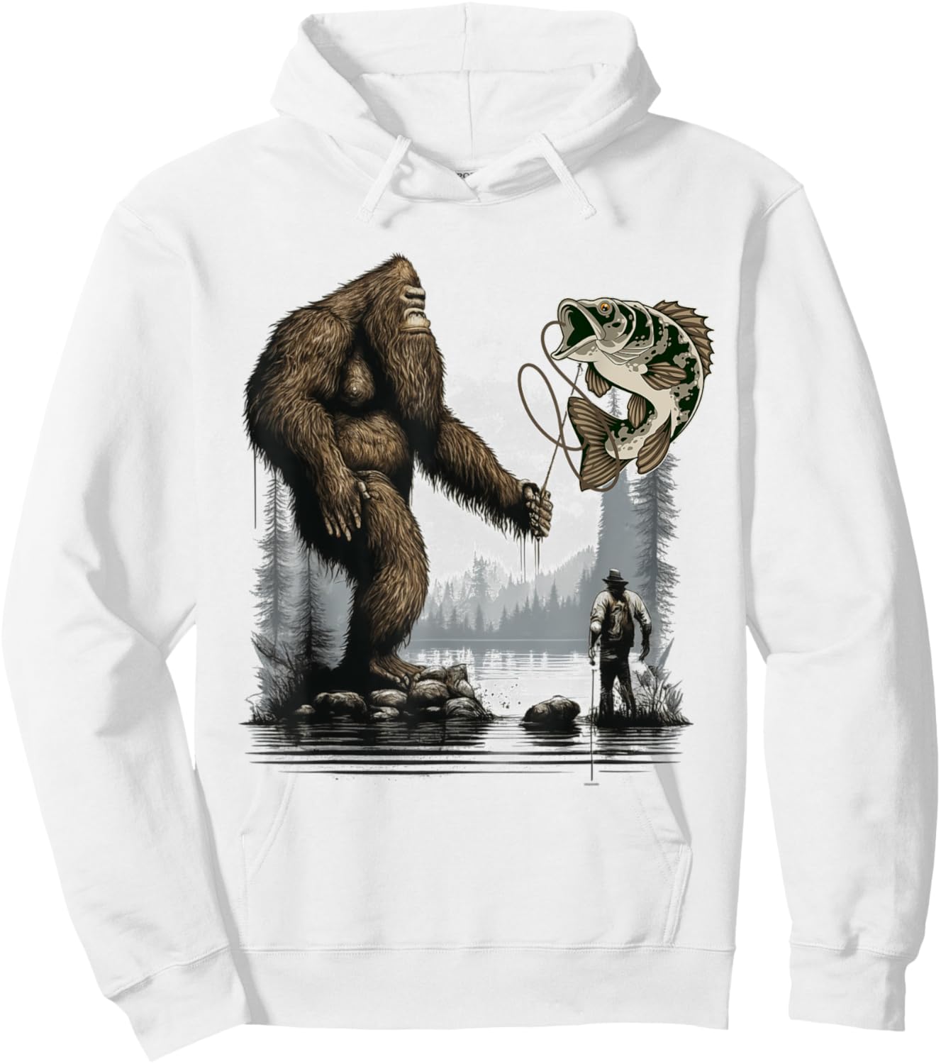 Bigfoot Fishing Funny Sasquatch Fish Hoodie - Hoodie | White