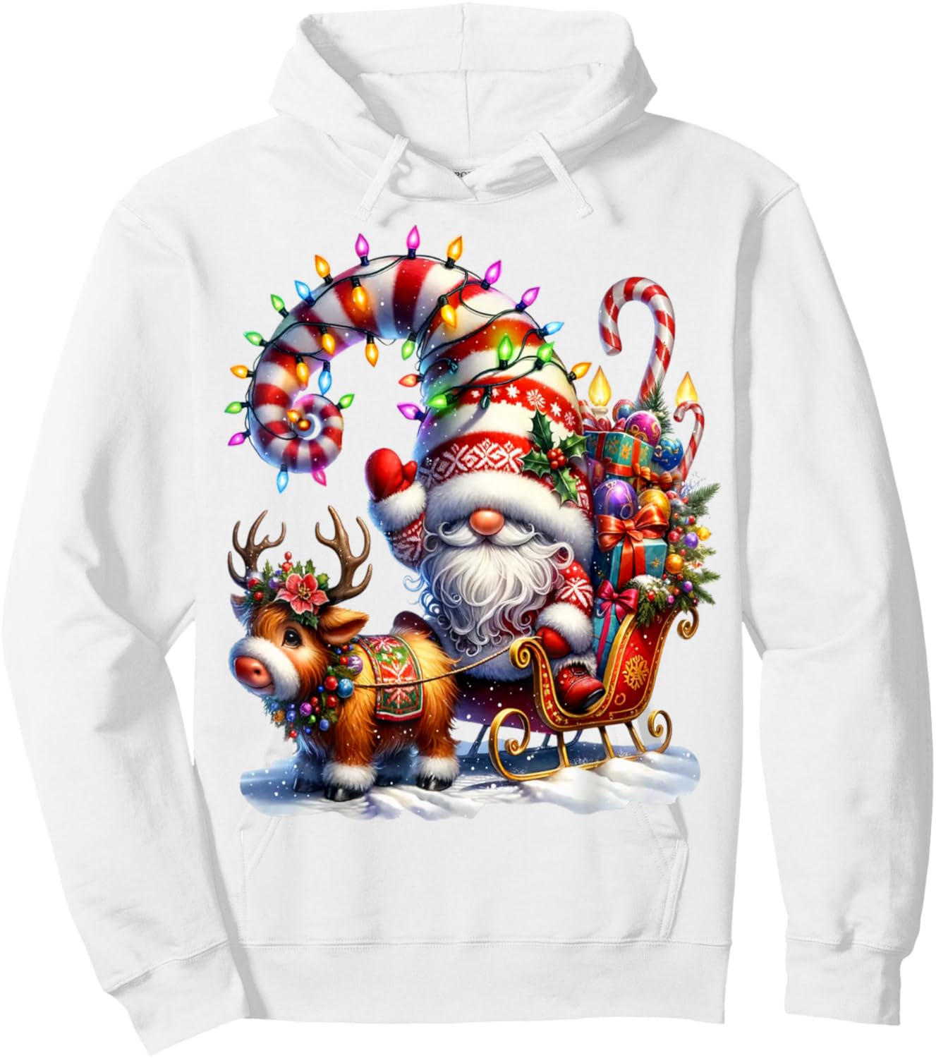 Christmas Light Gnome Santa Claus Riding Sleigh Highland Cow Hoodie - Hoodie | White