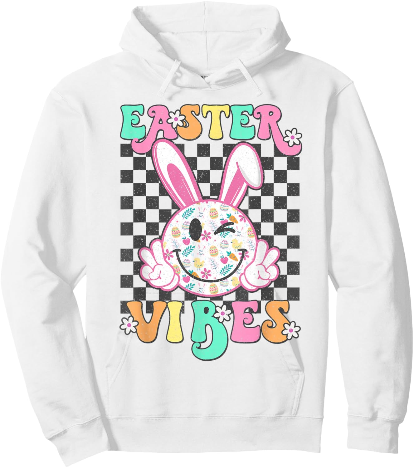 Retro Groovy Easter Vibes Bunny Checkered Smile Girls Hoodie - Hoodie | White