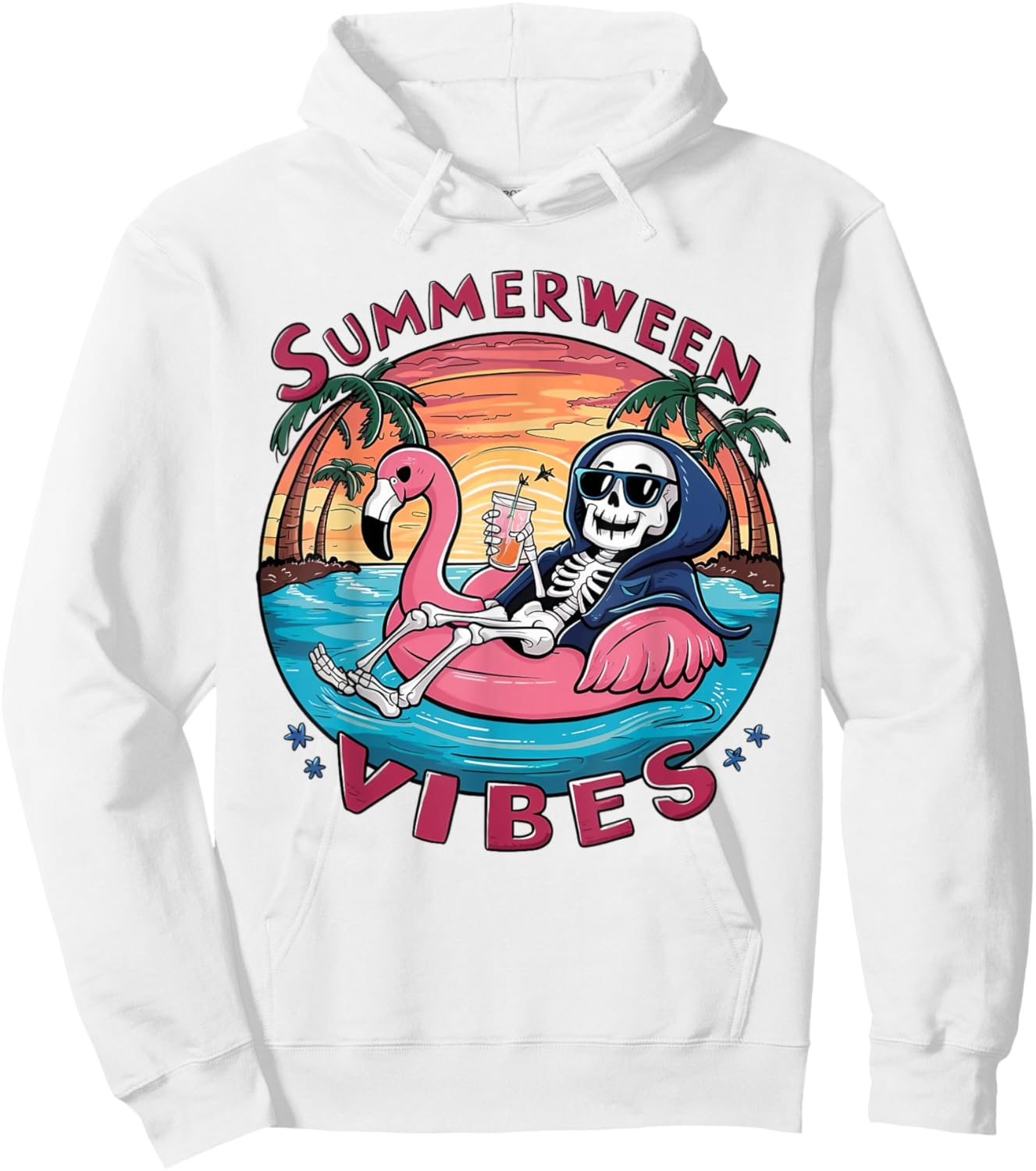 Summerween Vibes Halloween Summer Fun Flamingo Skeleton Hoodie - Hoodie | White
