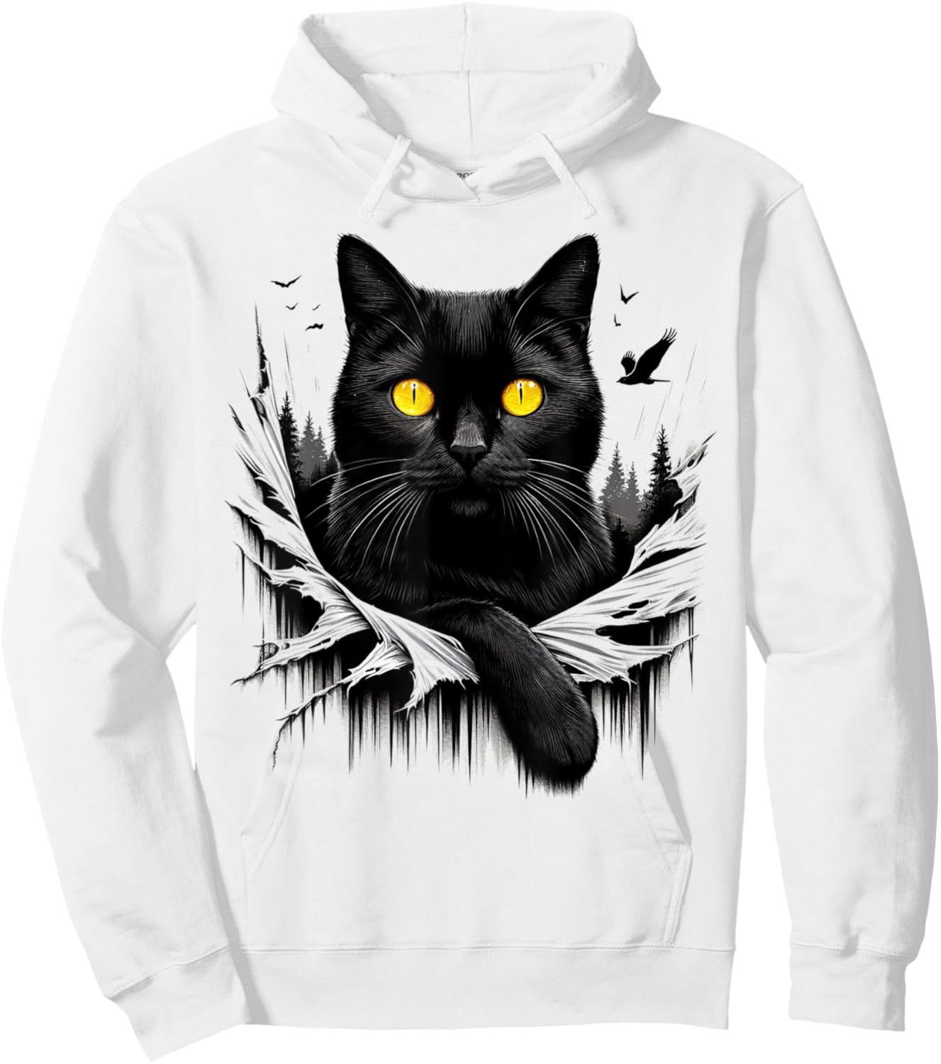 Black Cat Torn Cloth - Black Cat Yellow Eyes Hoodie - Hoodie | White
