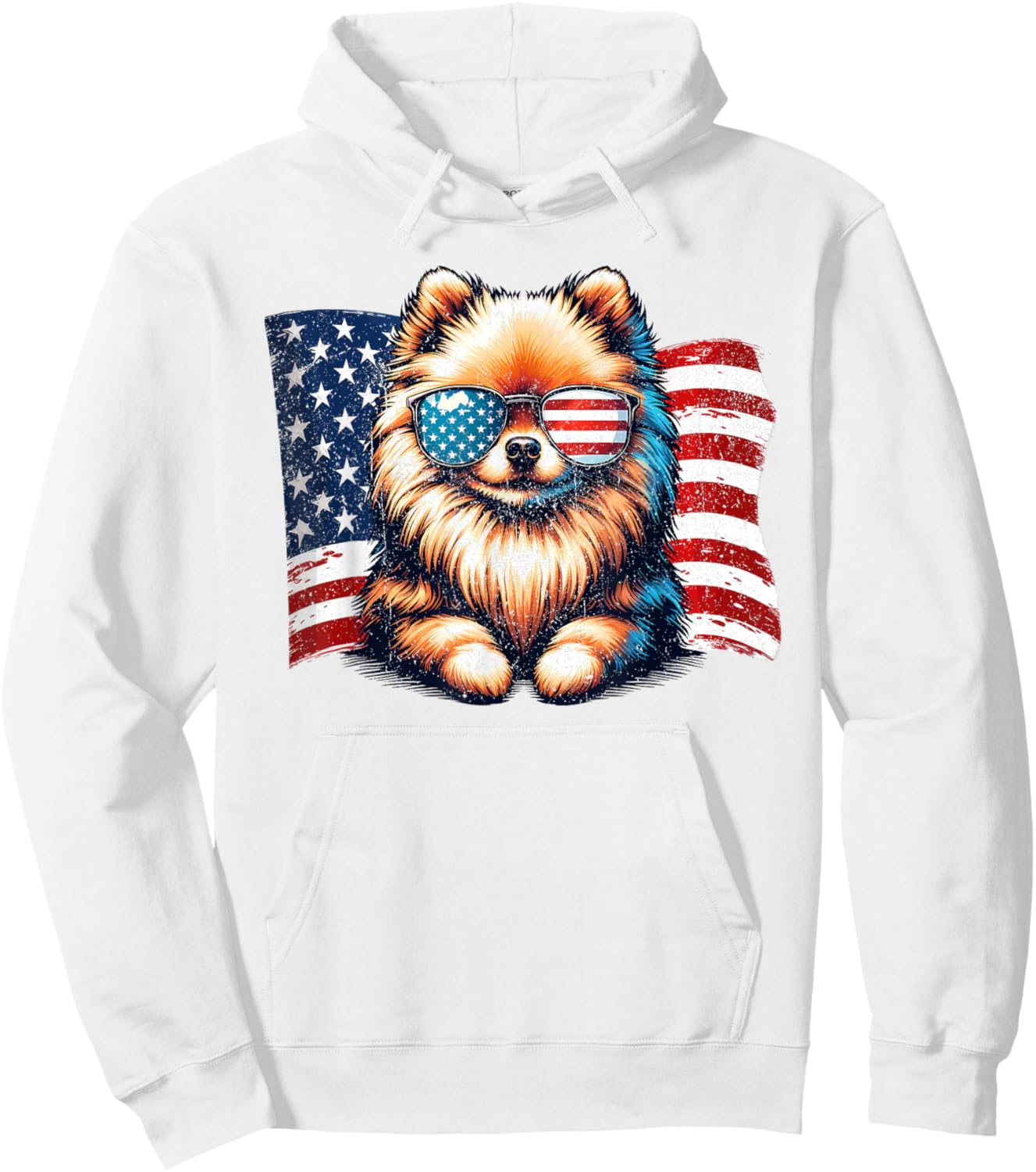 Vintage Pomeranian Dogs American Flag Sunglasses Patriotic Hoodie - Hoodie | White