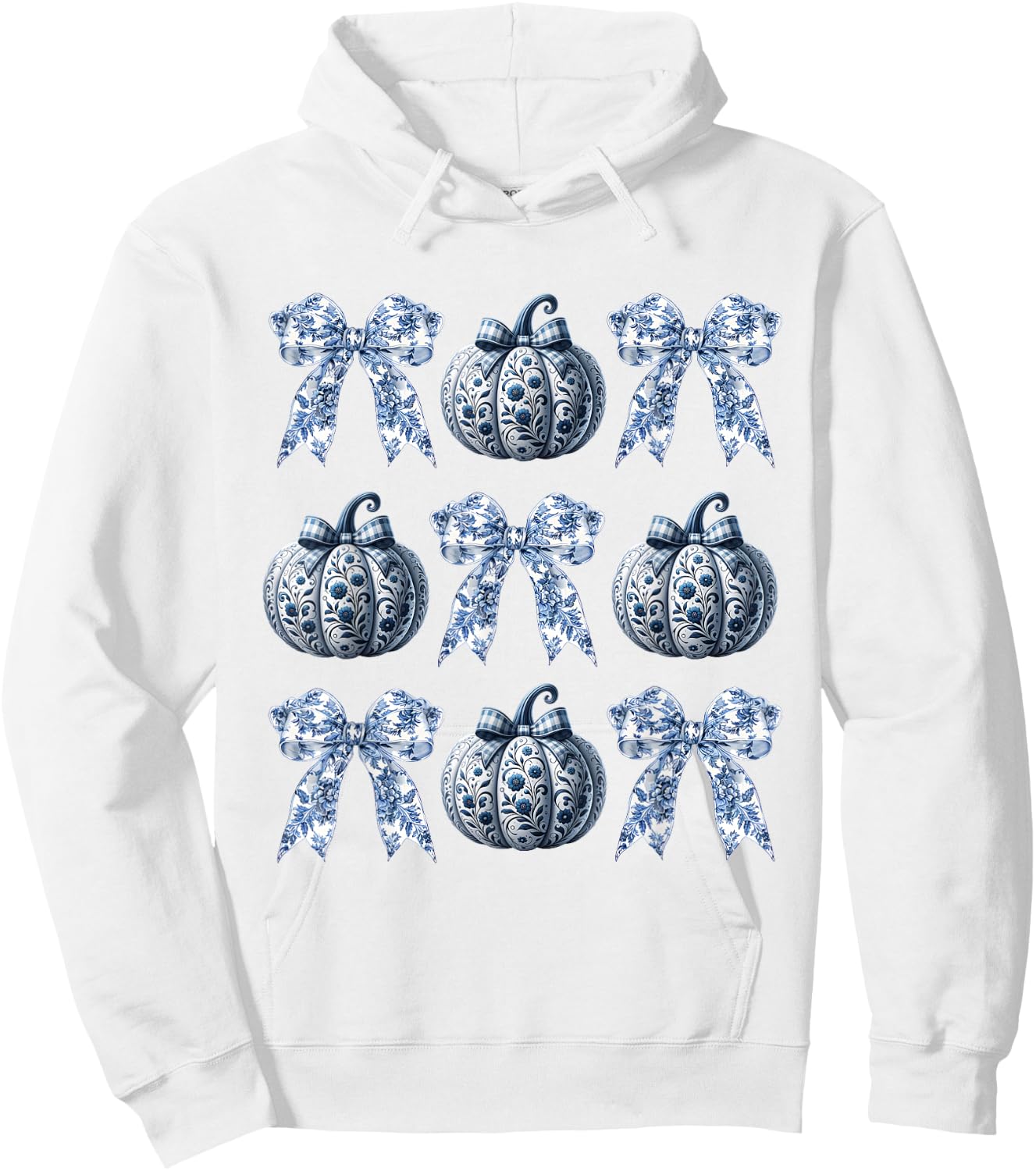 Blue and White Pumpkins Chinoiserie With Bow Fall Halloween Hoodie - Hoodie | White