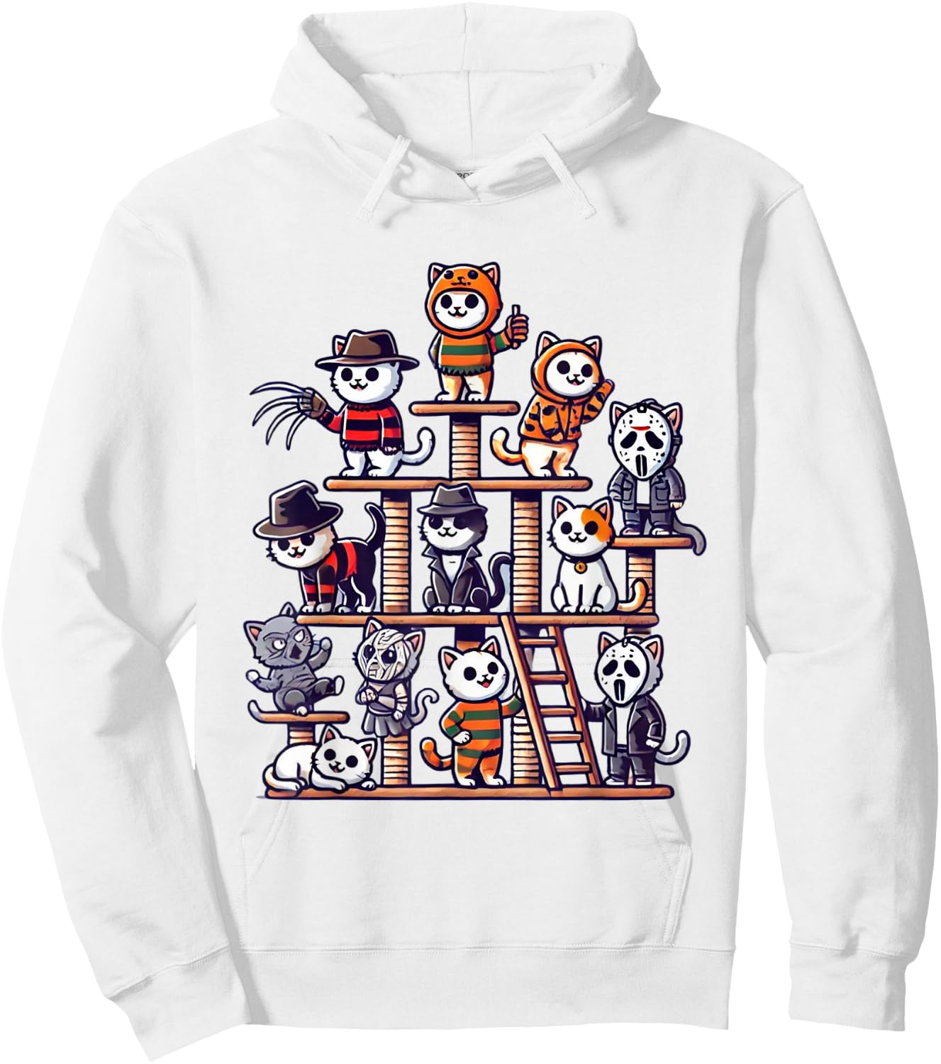 Funny Horror Movie Cats Playing On Cat Tree Hoodie - Hoodie | White
