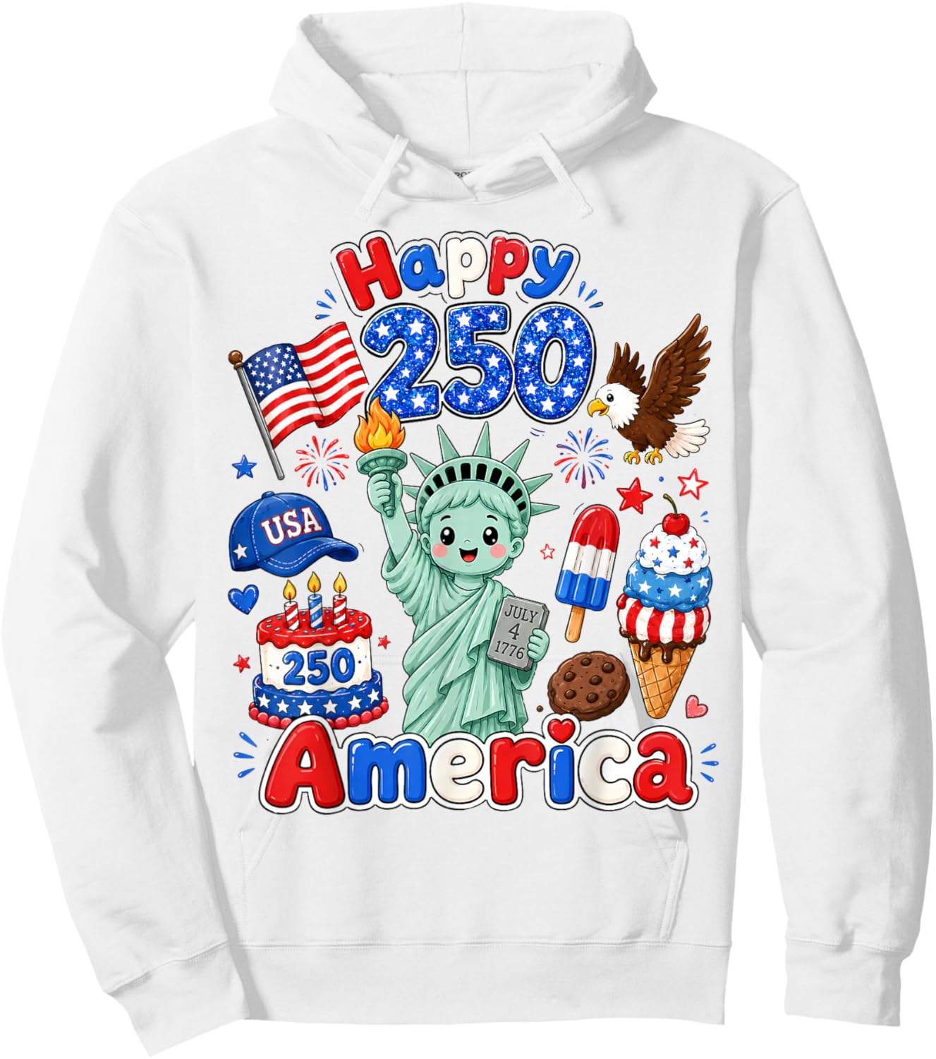 Boy Kids 4th of July Happy 250 America 1776-2026 Patriotic Hoodie - Hoodie | White